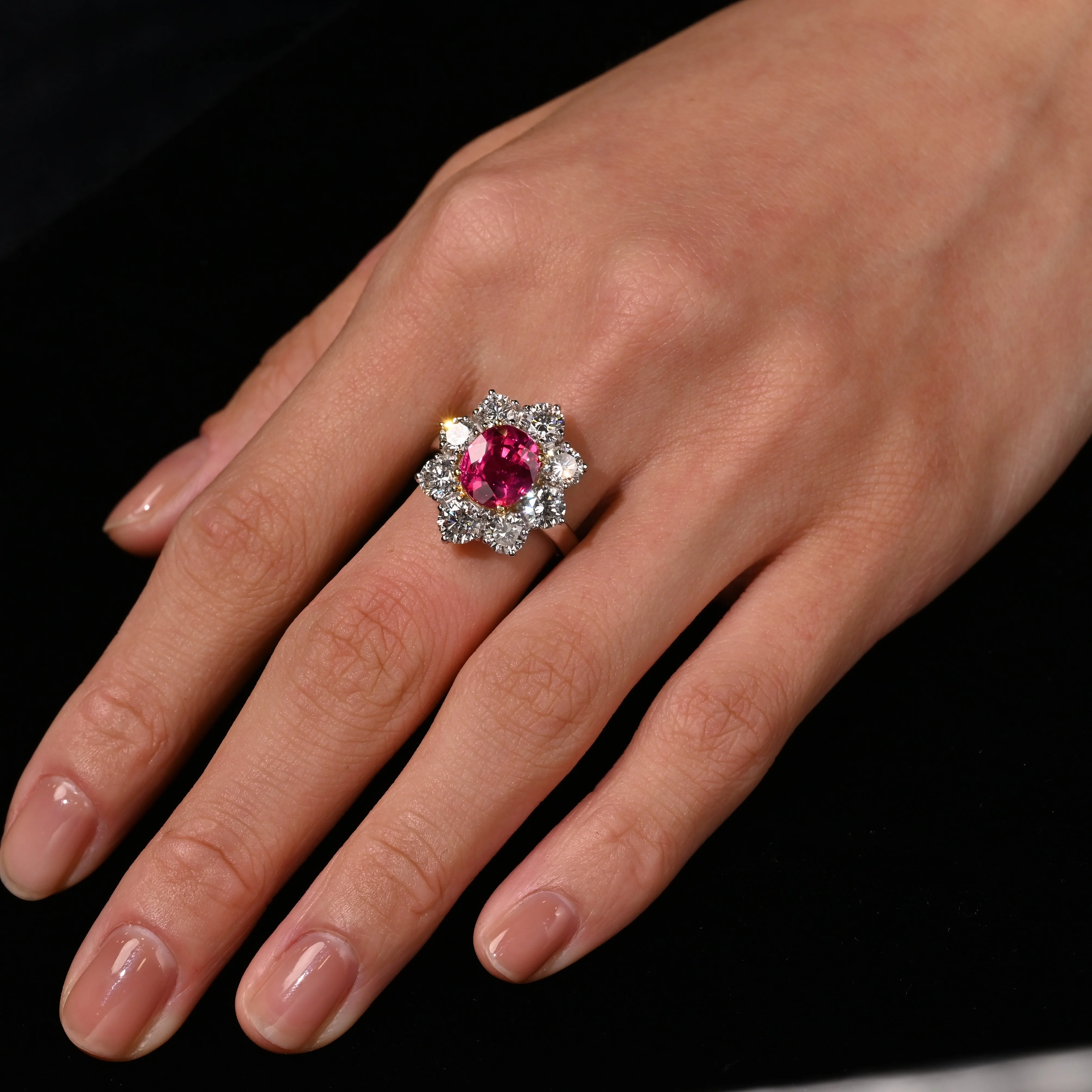 3.80 Carat Oval Cut No Heat Burma Ruby Ring With Round Diamond Halo in Platinum - Image 4