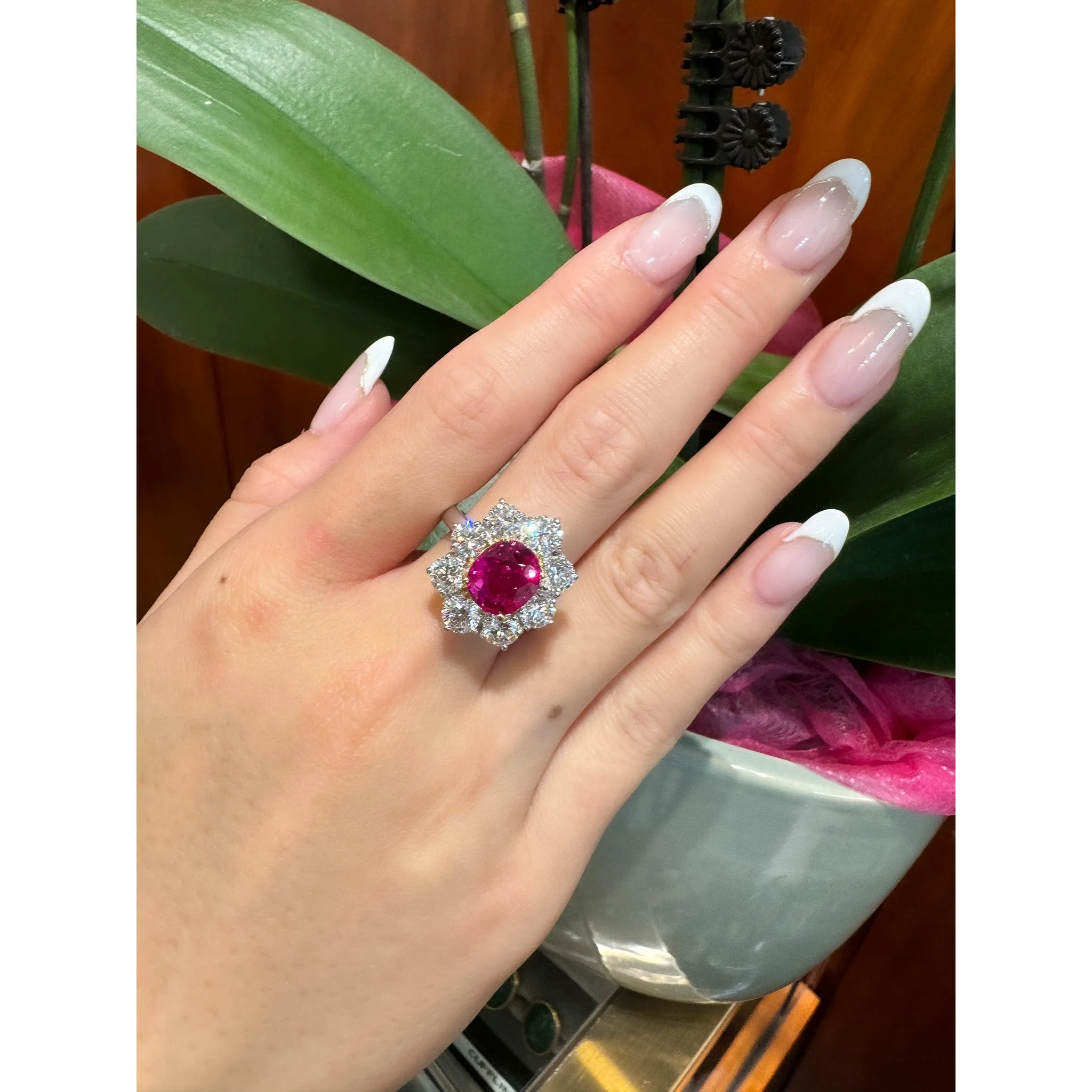 3.80 Carat Oval Cut No Heat Burma Ruby Ring With Round Diamond Halo in Platinum - Image 5