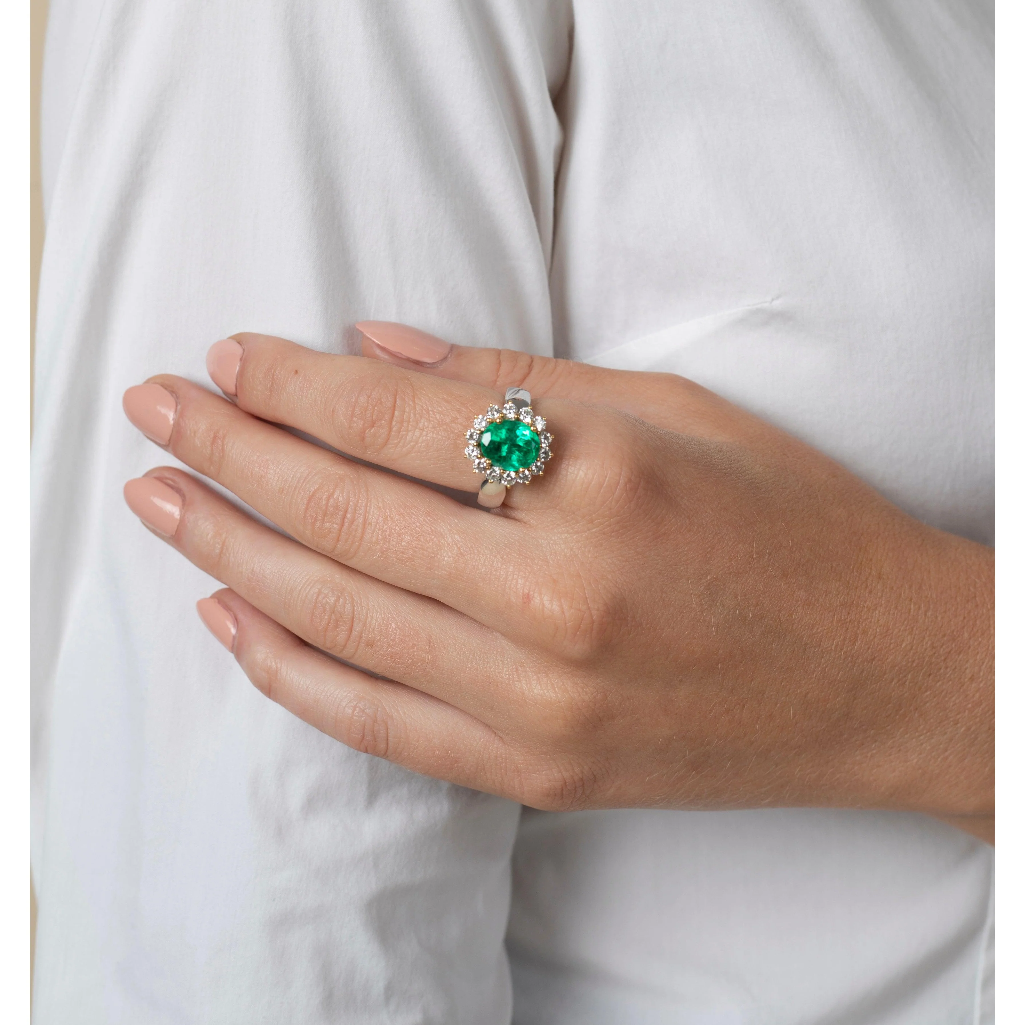 3 Carat Vivid Green Colombian Emerald and Diamond Halo Ring 18K White Gold - Image 3