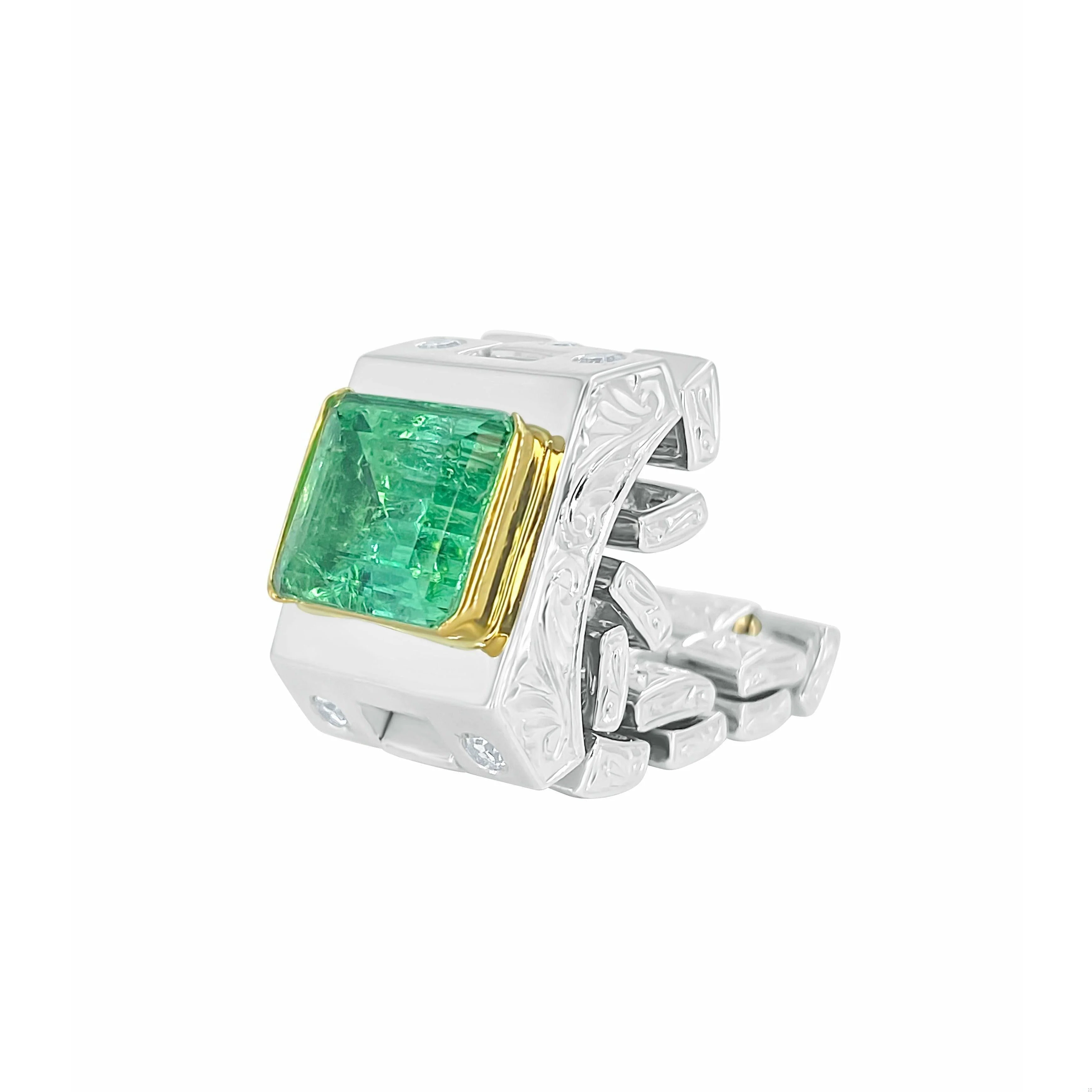 3 Carat Colombian Emerald Platinum Mens Link Ring - Image 7