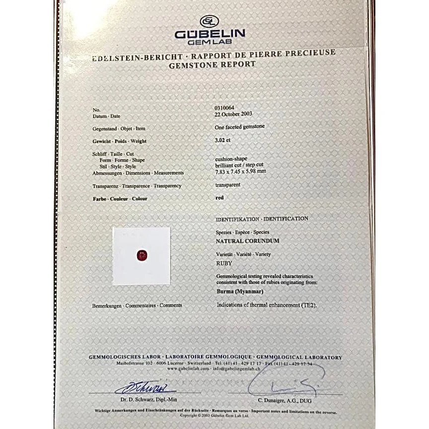 Gubelin Certified 3.02 Carat Cushion Cut Burma Ruby & Round Cut Diamond Platinum Ring - Image 10