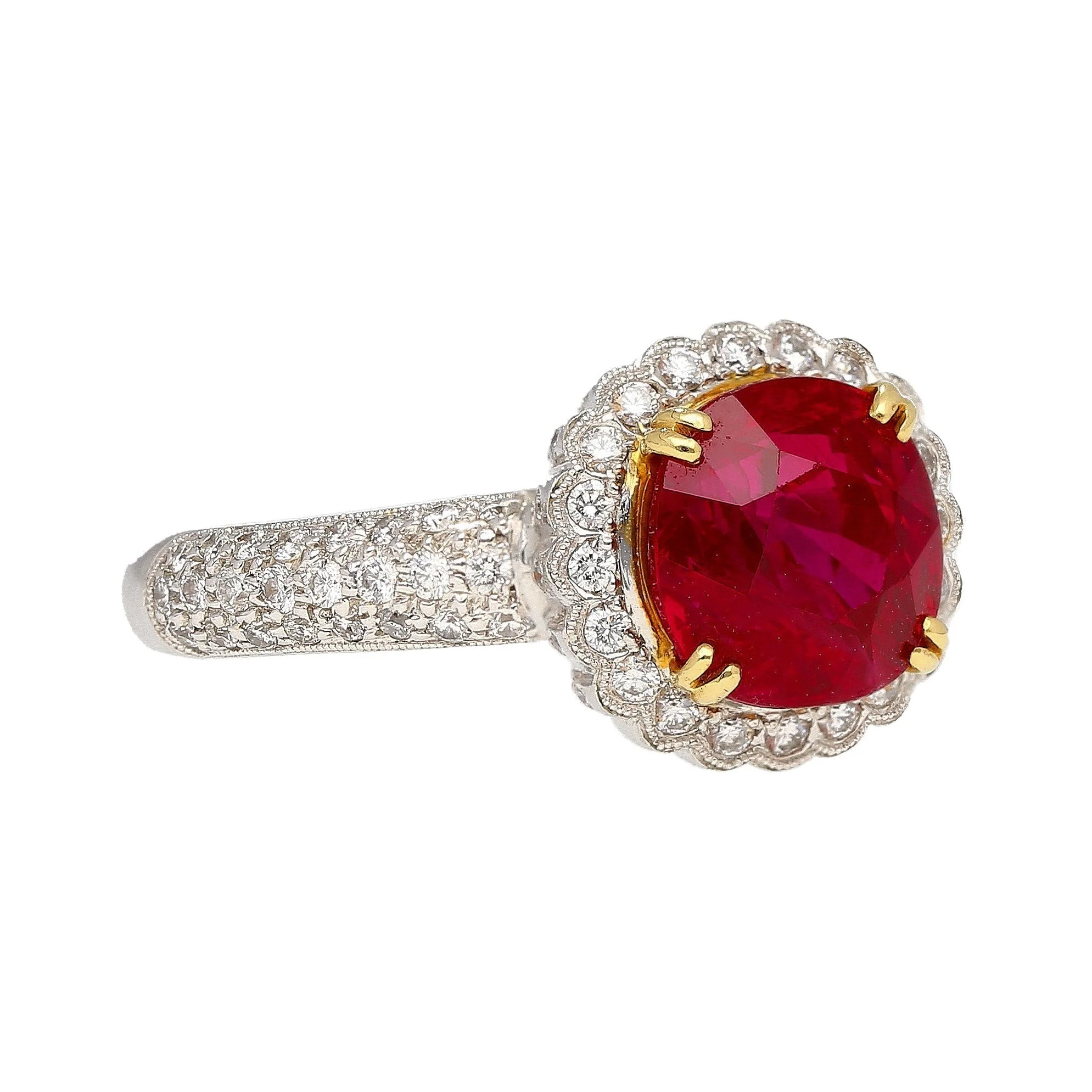 Gubelin Certified 3.02 Carat Cushion Cut Burma Ruby & Round Cut Diamond Platinum Ring - Image 2