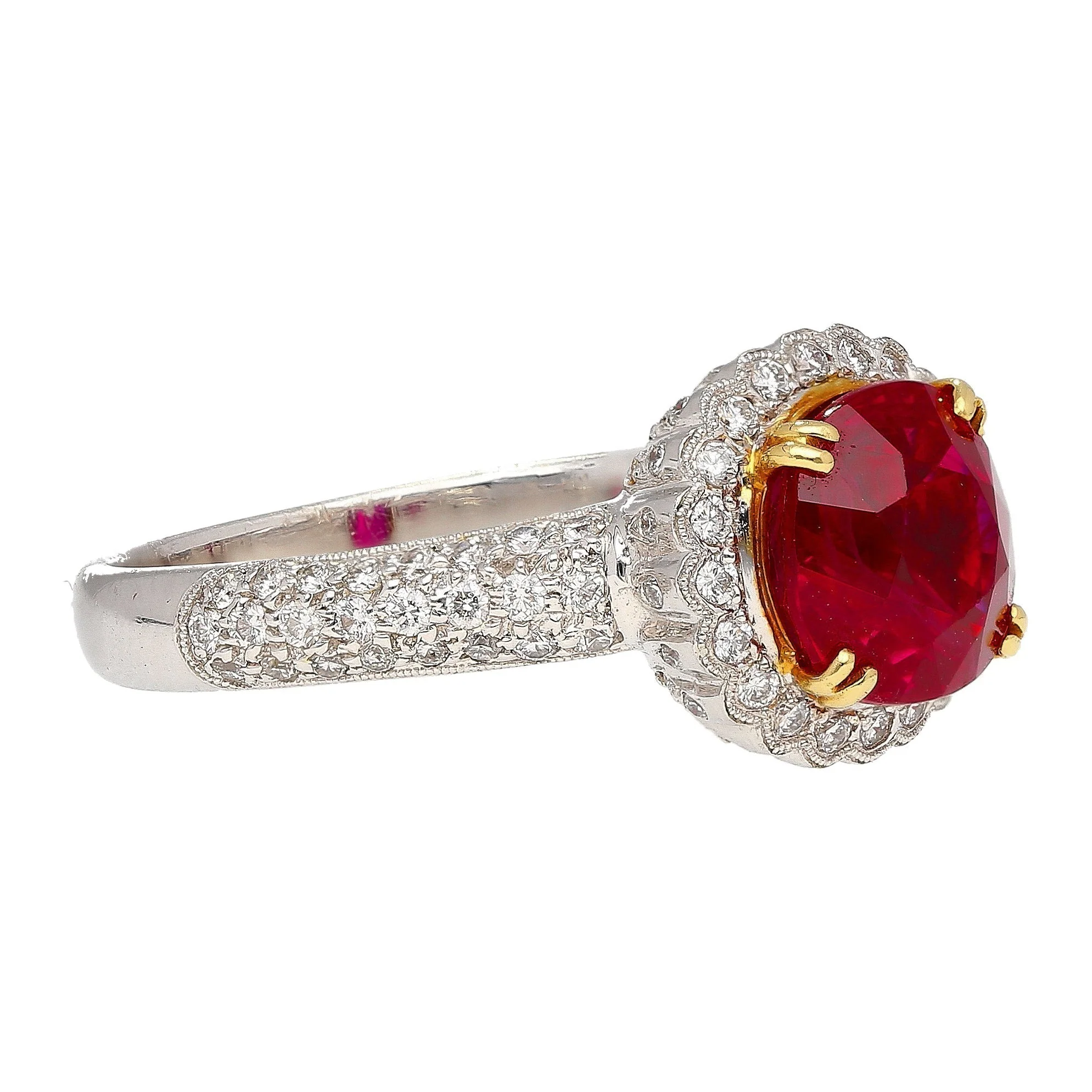 Gubelin Certified 3.02 Carat Cushion Cut Burma Ruby & Round Cut Diamond Platinum Ring - Image 4