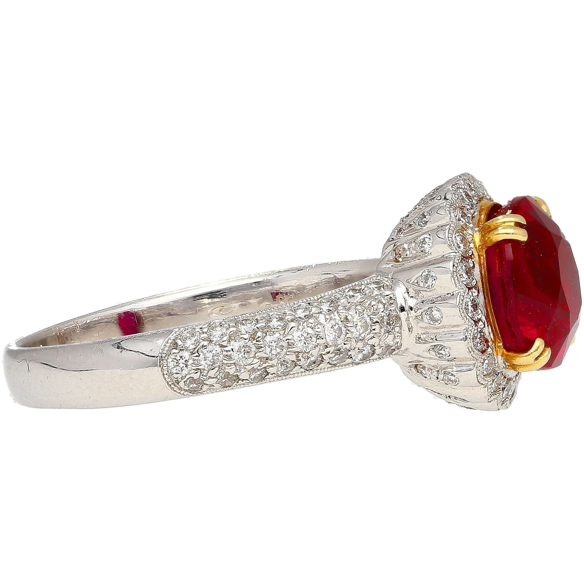 Gubelin Certified 3.02 Carat Cushion Cut Burma Ruby & Round Cut Diamond Platinum Ring - Image 5