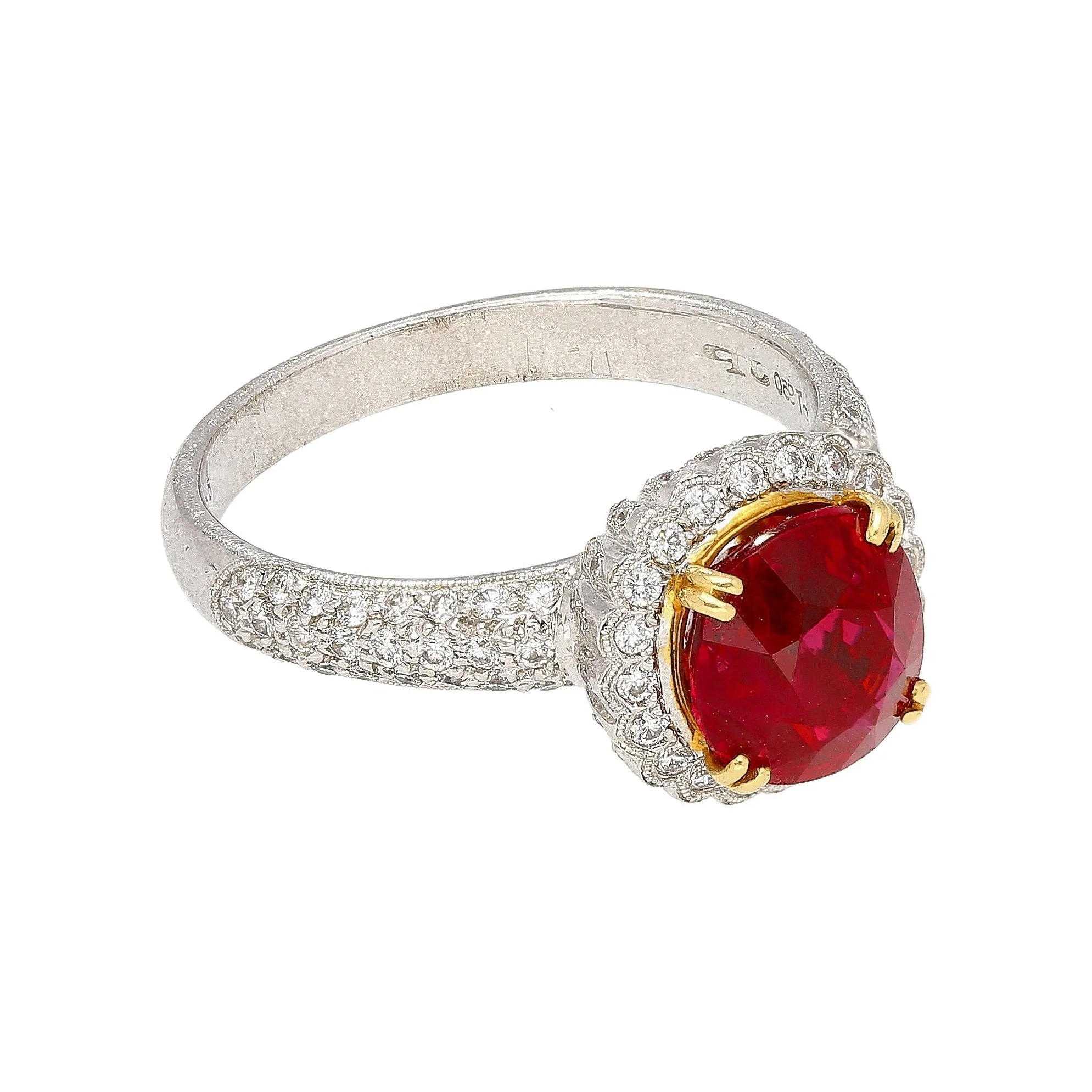 Gubelin Certified 3.02 Carat Cushion Cut Burma Ruby & Round Cut Diamond Platinum Ring - Image 6
