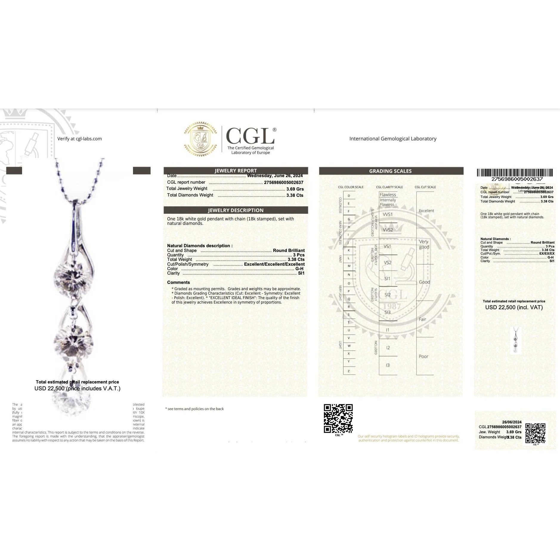 3.38 Carat 3 Stone Diamond Dangle Pendant Necklace in 18K White Gold - Image 6