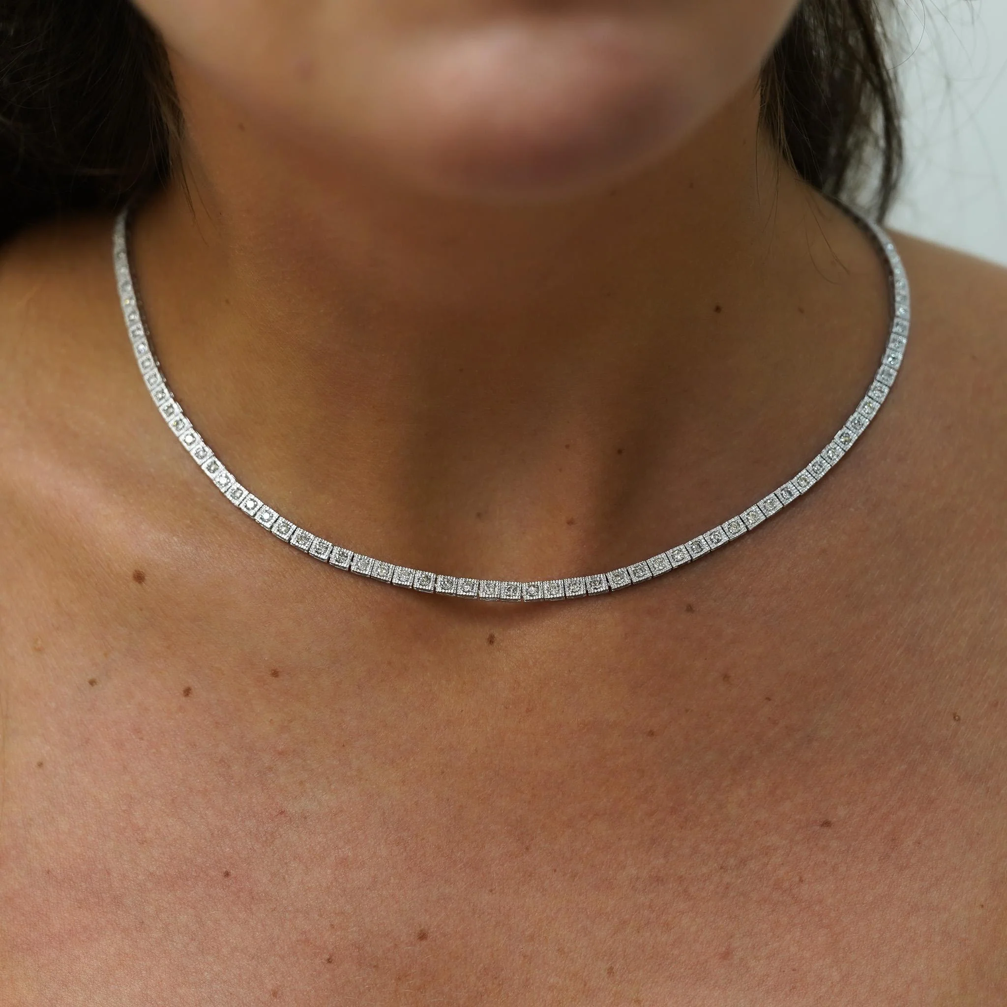 3 Carat Diamond Pave Halo Box Platinum Chain Tennis Necklace - Image 2