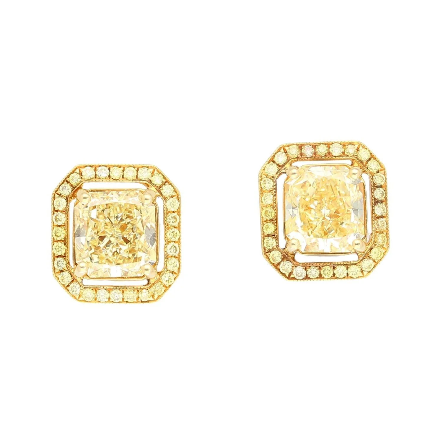 GIA Certified Natural 3 Carat TW Fancy Yellow Diamond Radiant Cut Stud Earrings in 18K Gold - Image 3