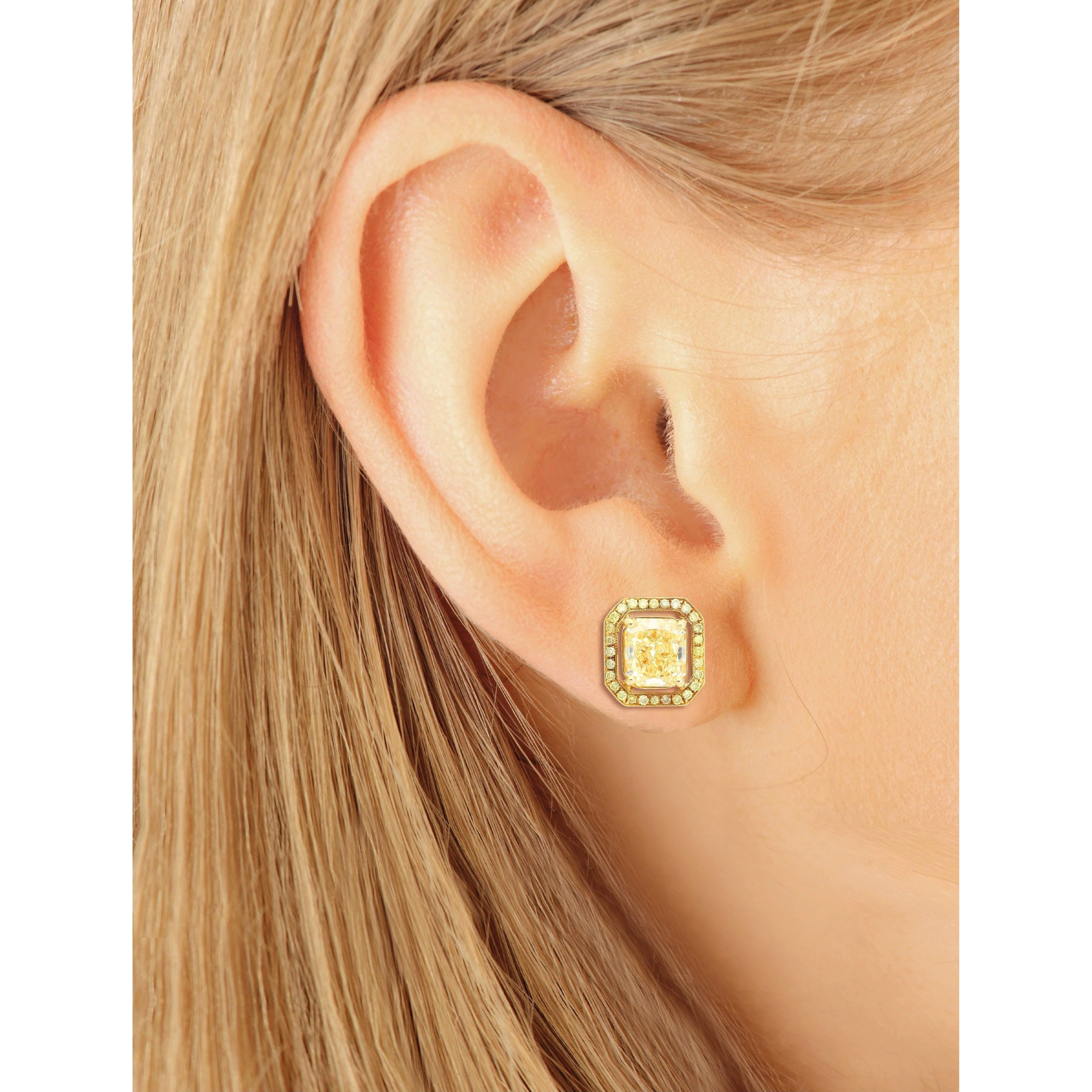 GIA Certified Natural 3 Carat TW Fancy Yellow Diamond Radiant Cut Stud Earrings in 18K Gold - Image 6