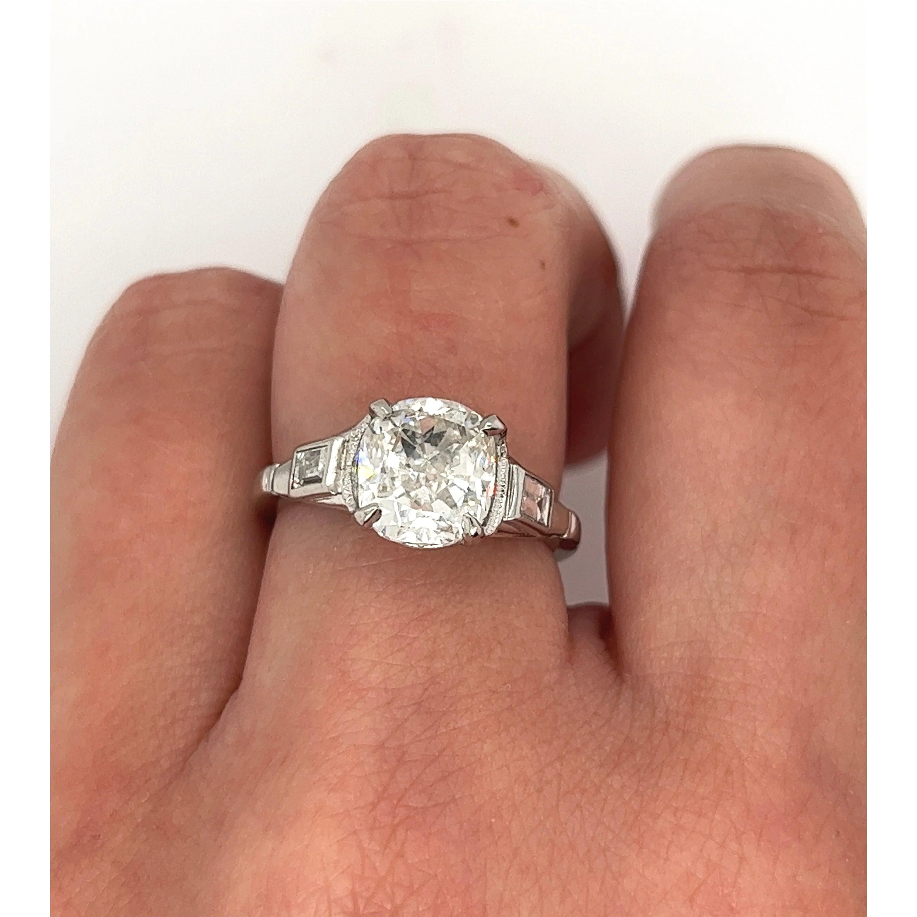 3.02 carat H/VVS2 Cushion Lab Grown Diamond 3-Stone Platinum Ring - Image 6
