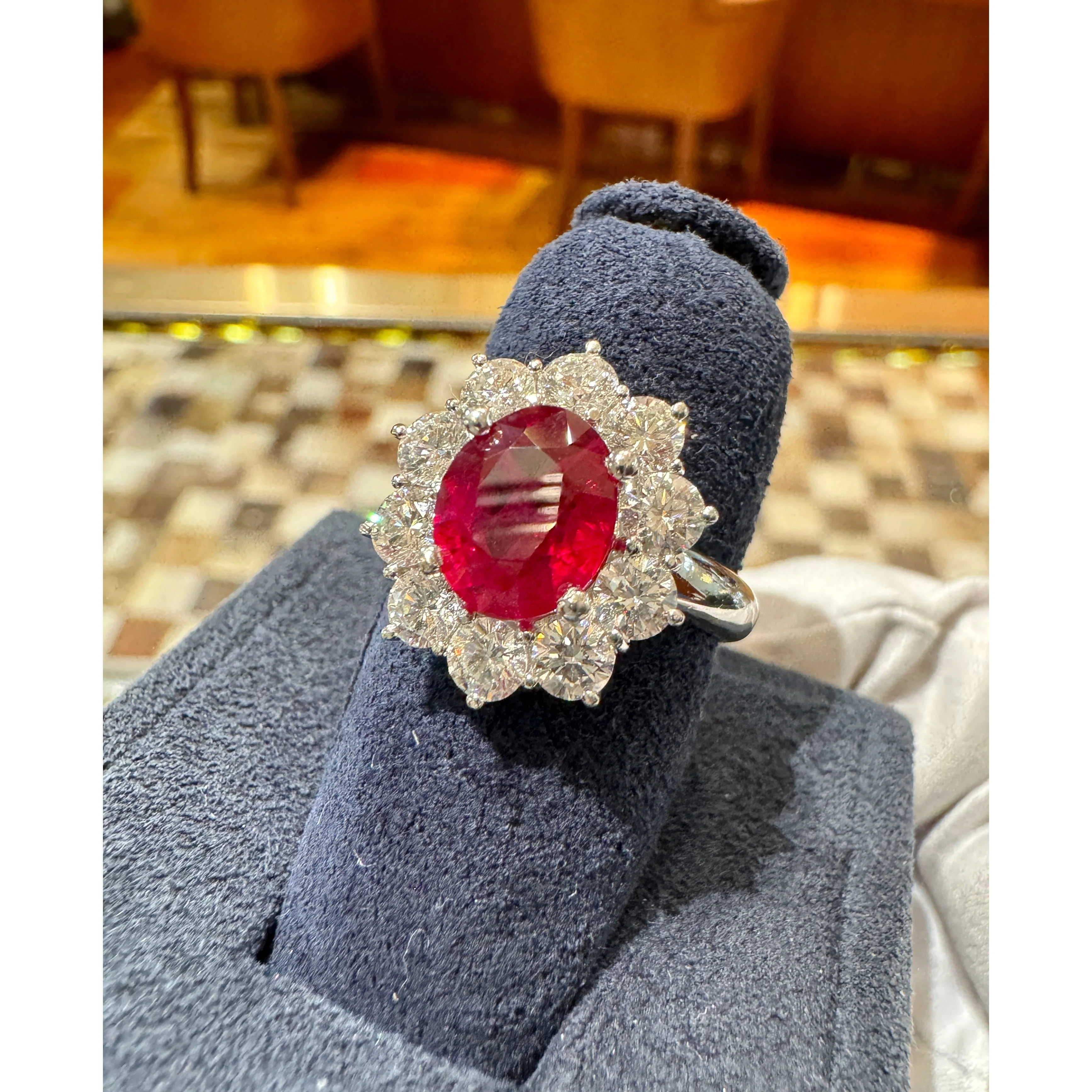 GRS Certified 3 carat Vivid Red "Pigeon Blood" Oval Cut Burma Ruby Ring with Diamond Halo - Image 4