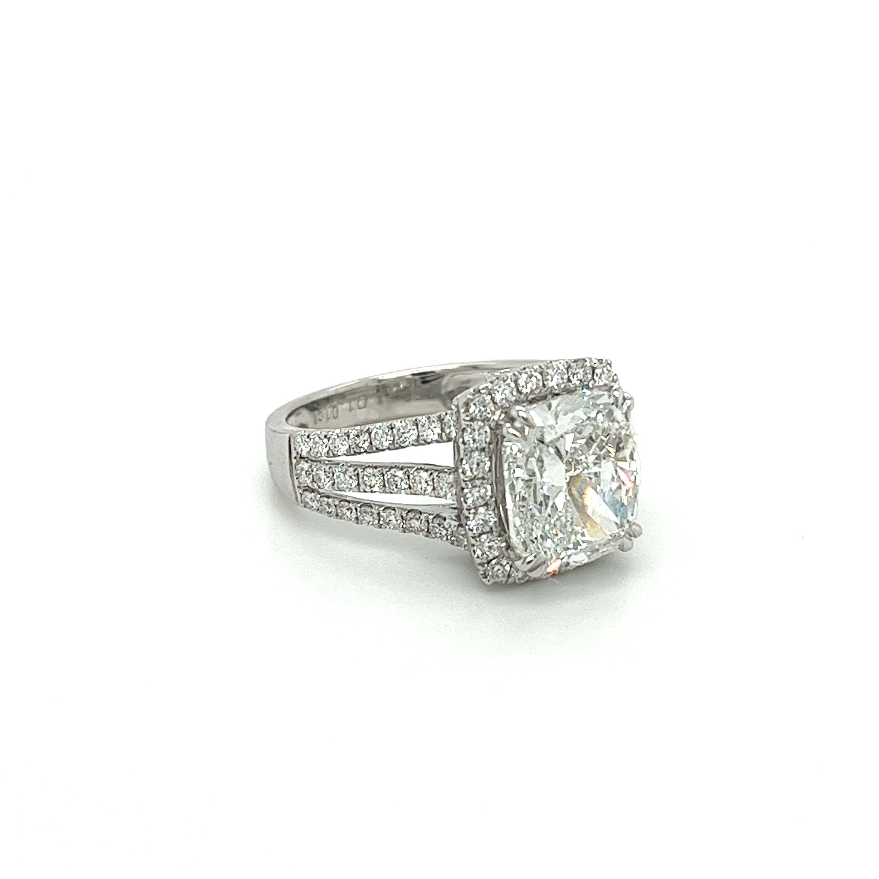 4.44 Carat F/VVS2 Cushion Cut Lab Grown Diamond in 3 Row Split Shank Diamond Halo Ring - Image 2