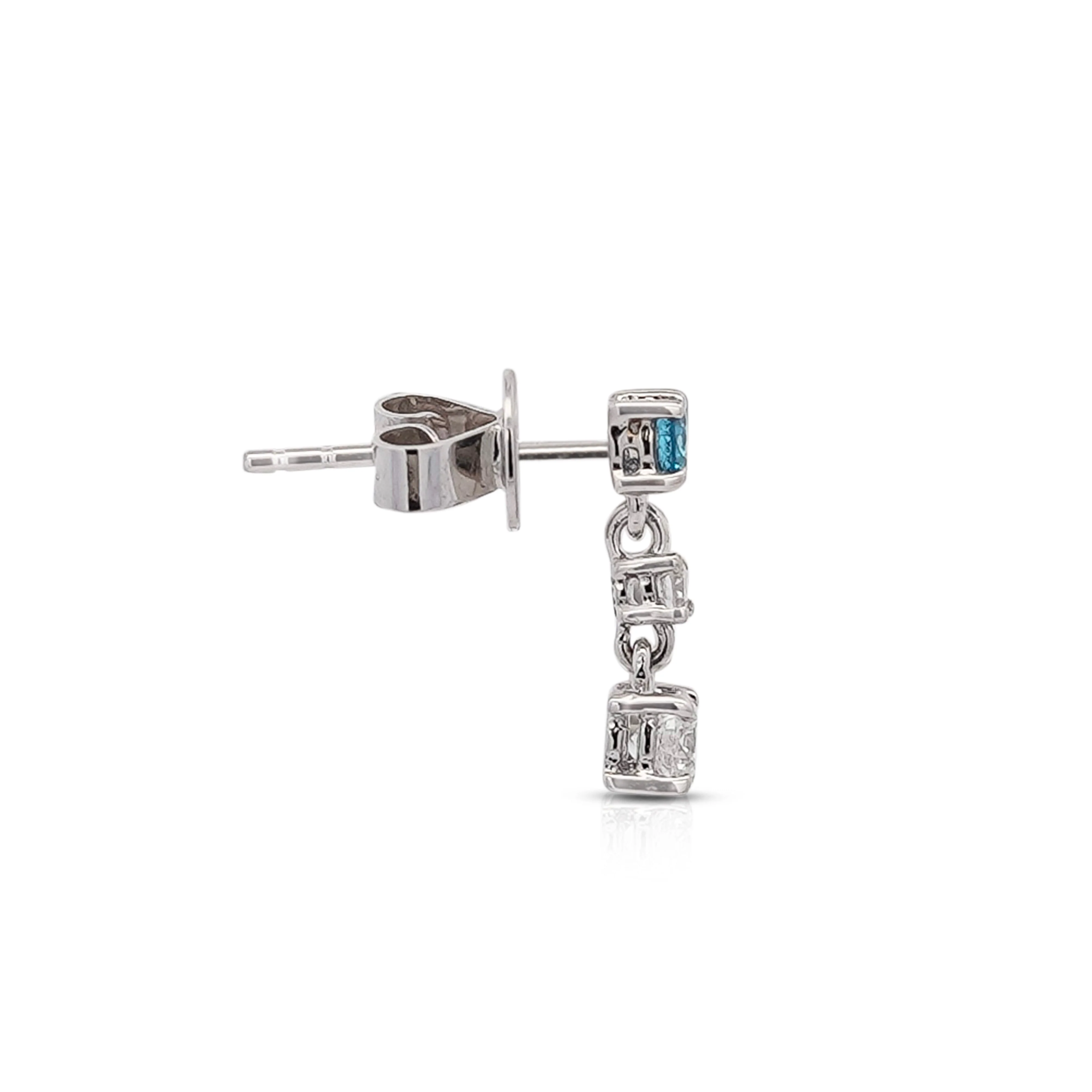 3 Stone Round Cut Natural Blue and White Diamond Drop Earrings In 18K White Gold - Image 2