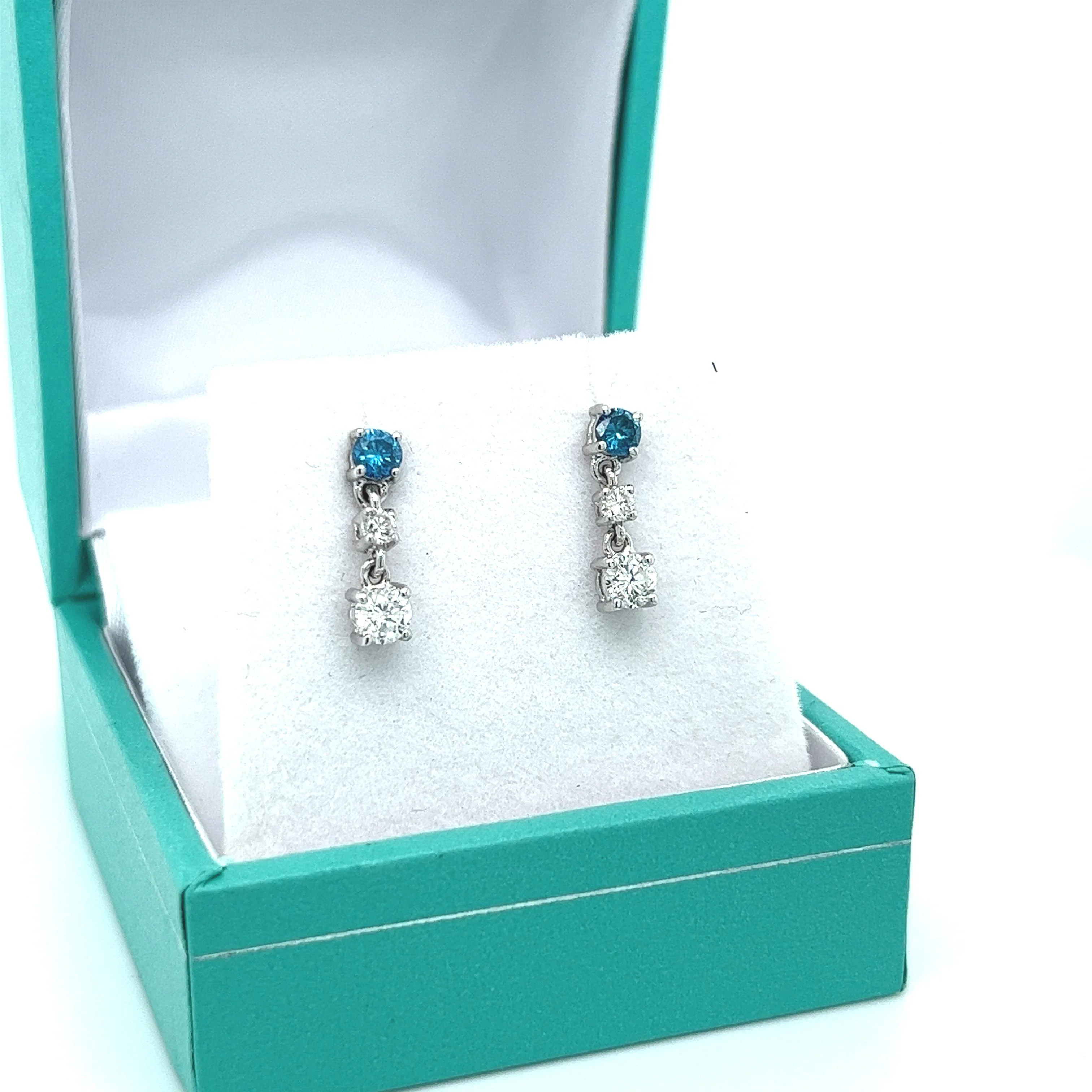 3 Stone Round Cut Natural Blue and White Diamond Drop Earrings In 18K White Gold - Image 3