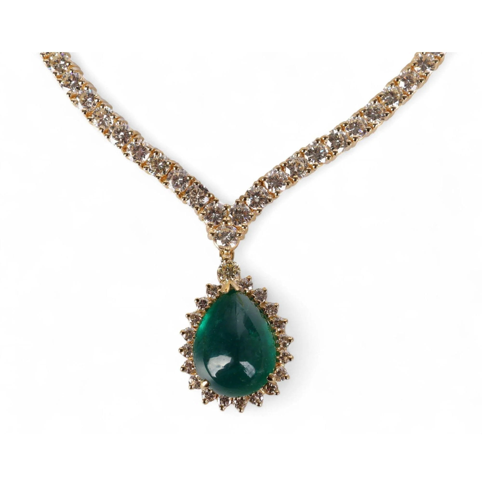 32 Carat Pear Cabochon Emerald & Diamond 18K Gold Drop Emerald Necklace - Image 3