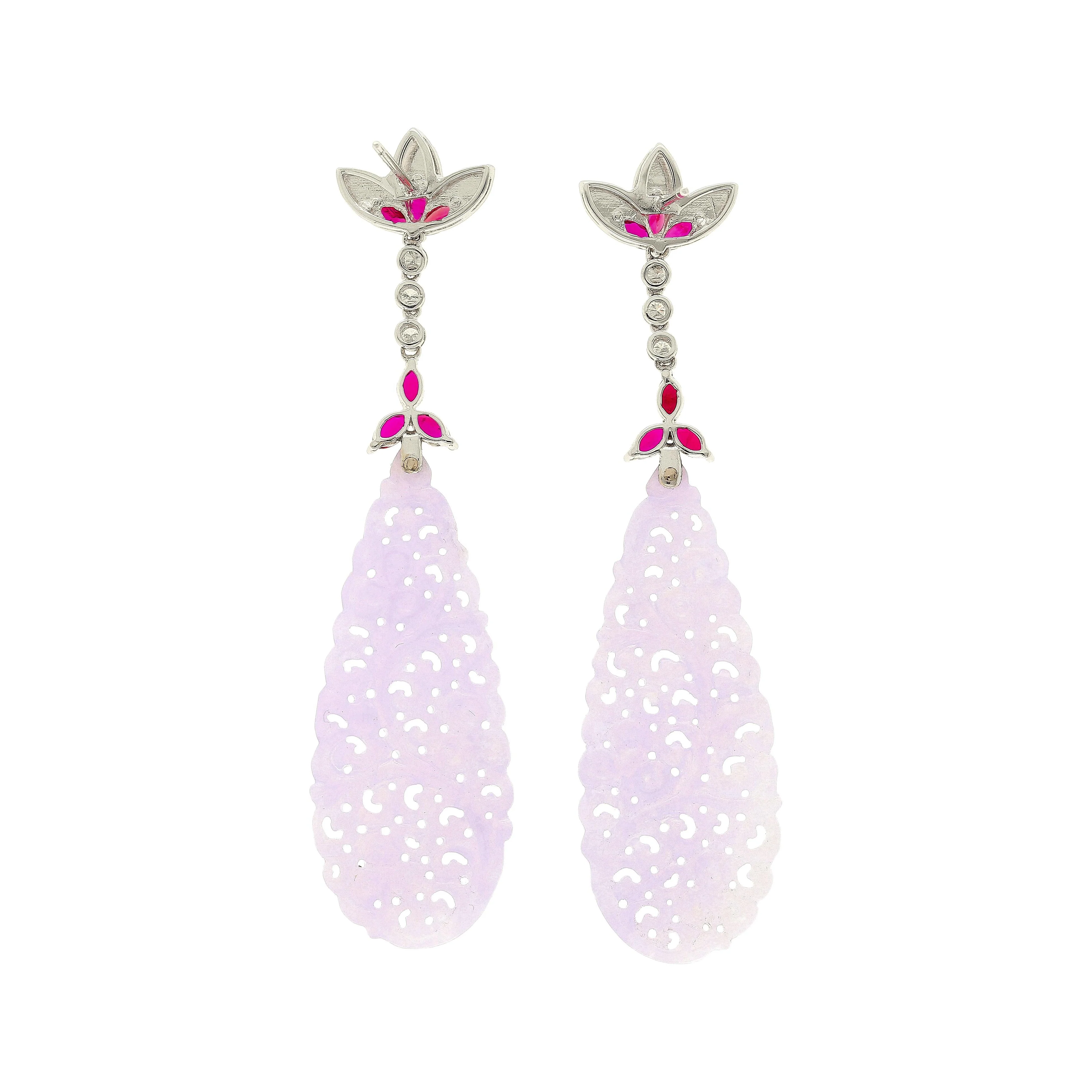 33 Carat Carved Lavender Jadeite Jade Drop Earrings With Rubies & Diamonds - Image 3