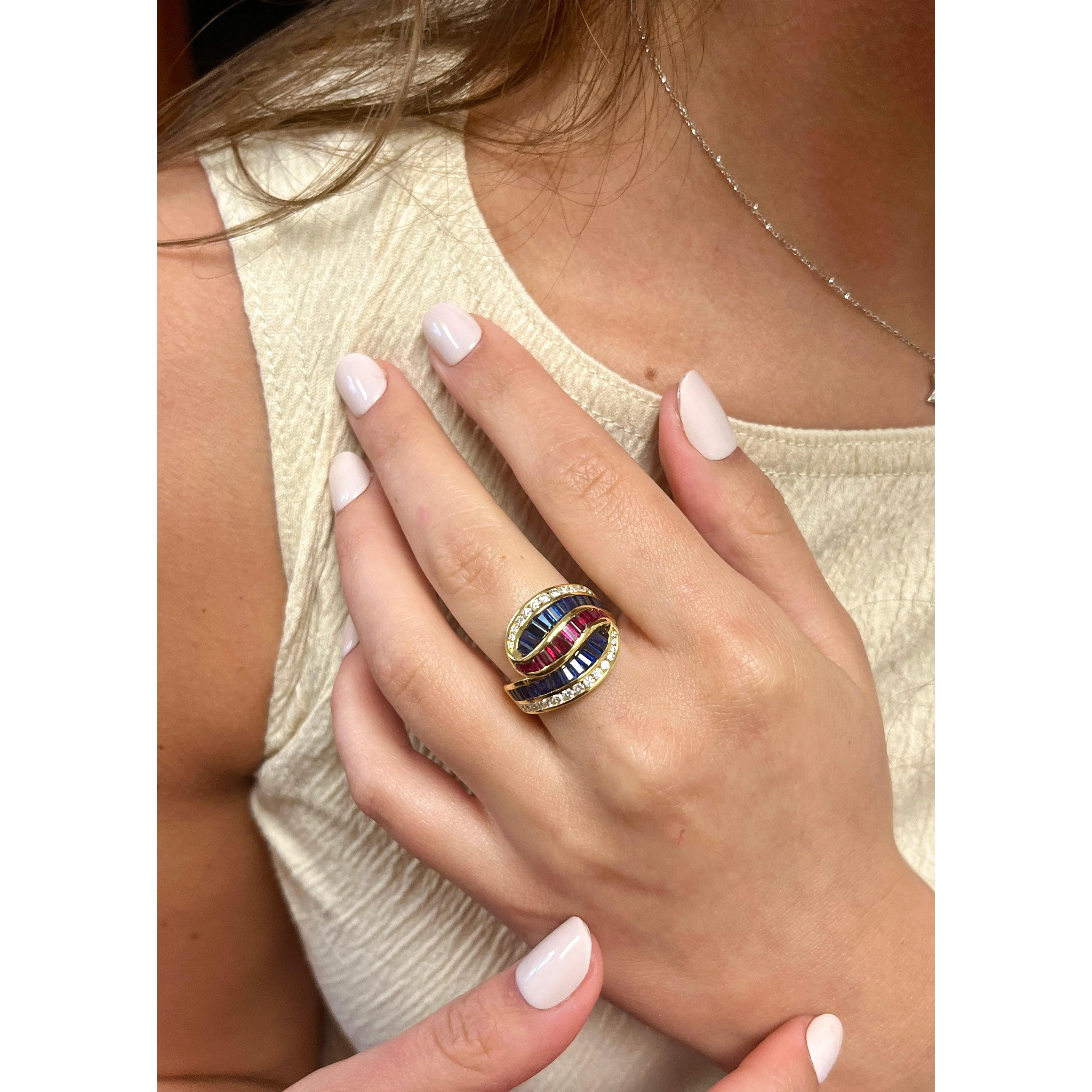 Multi-Gem 3 Carat Baguette-Cut Cluster Ruby, Sapphire, & Diamond Channel Set Ring | Signed Charles Krypelle - Image 7
