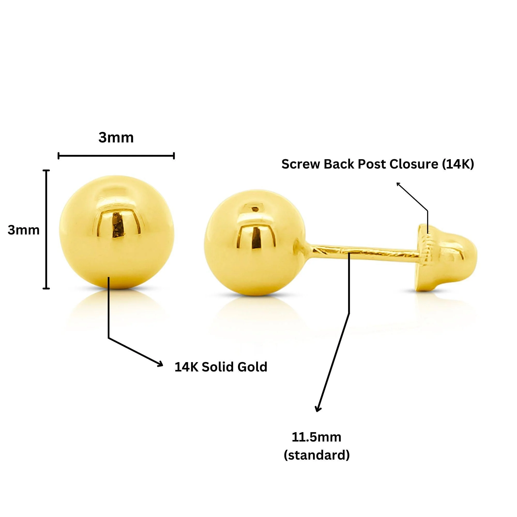 3mm Classic 14K Gold Ball Stud Earrings with Screw Backs - Image 4