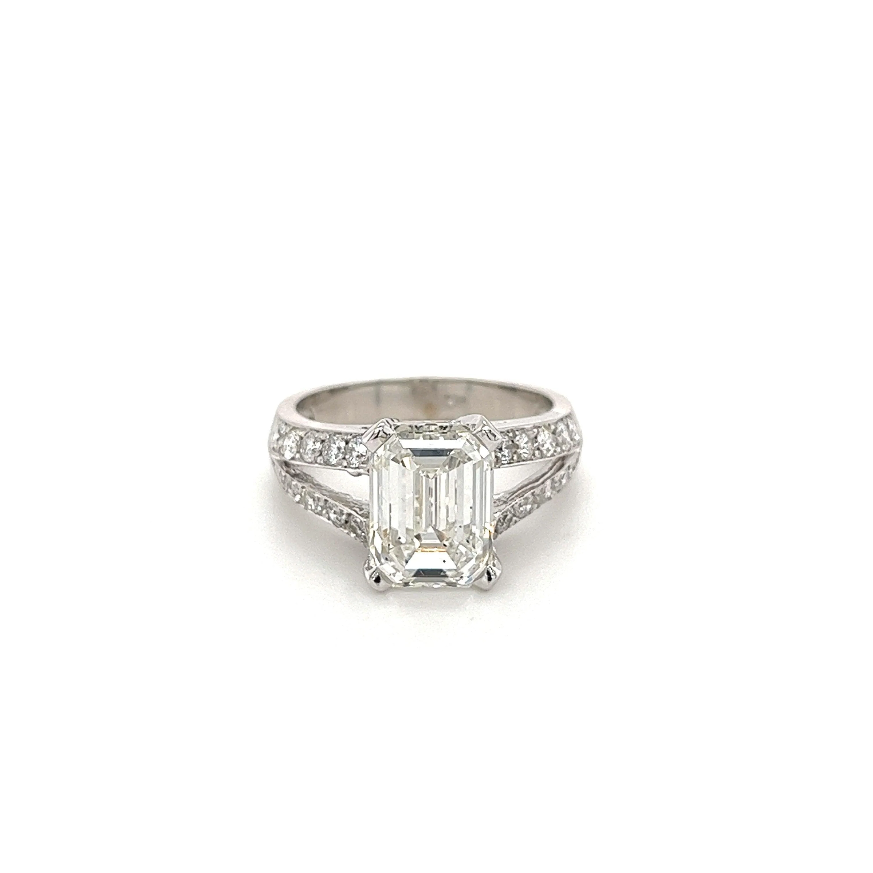 4.01 Carat G/SI1 Emerald Cut Lab Diamond In Split Shank Diamond Side Stone 14K White Gold Ring - Image 2