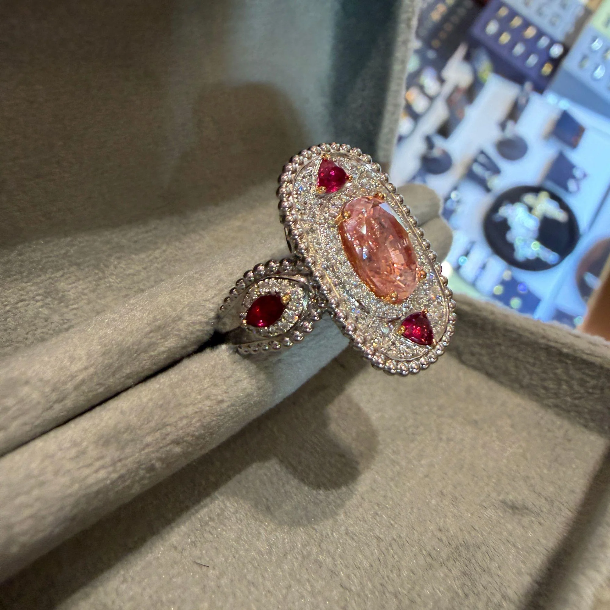 4.05 Carat Padparadscha Sapphire No Heat Sri Lanka With Ruby and Diamond Ring - Image 13