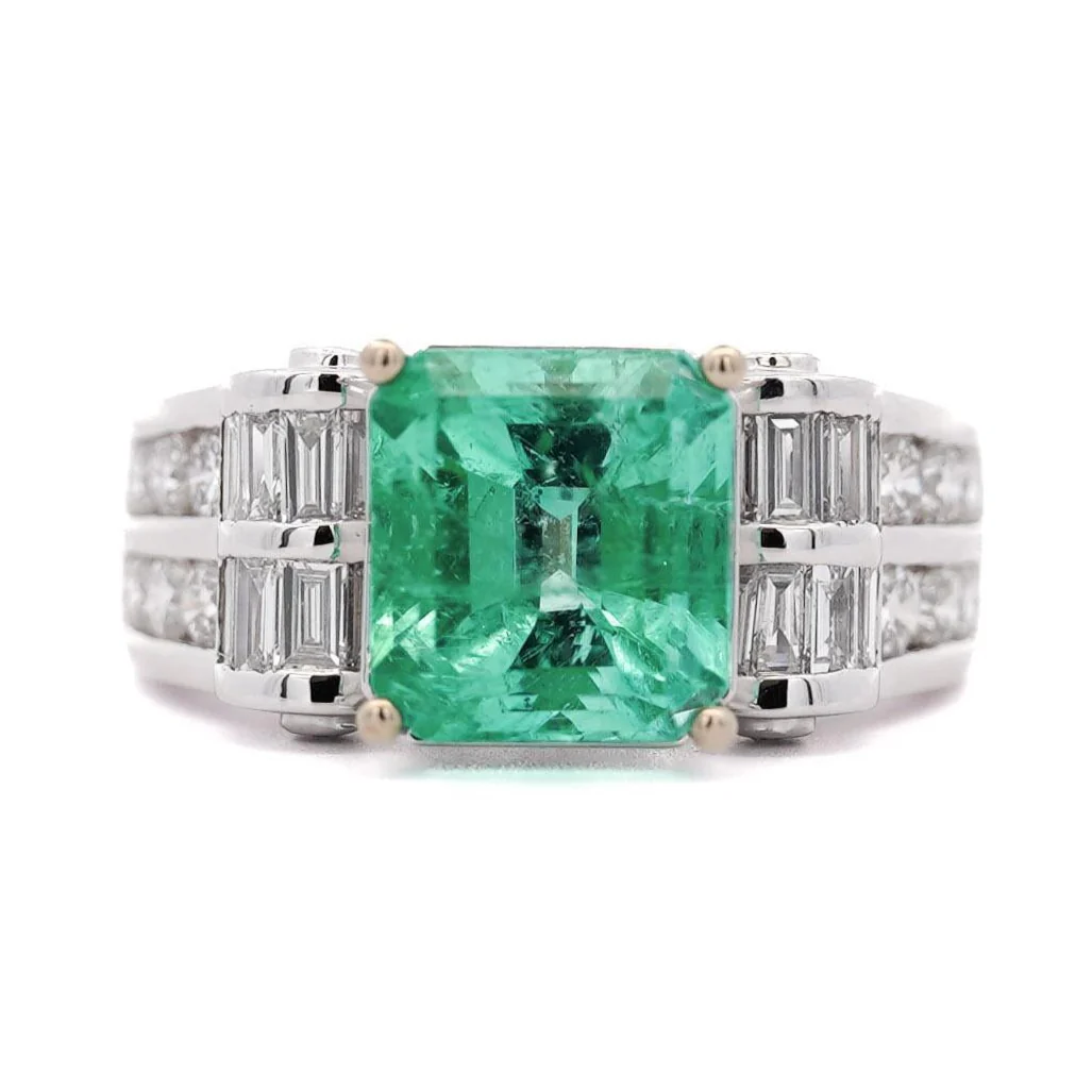 4.17 Carat Colombian Emerald & Diamond Unisex 14K White Gold Ring