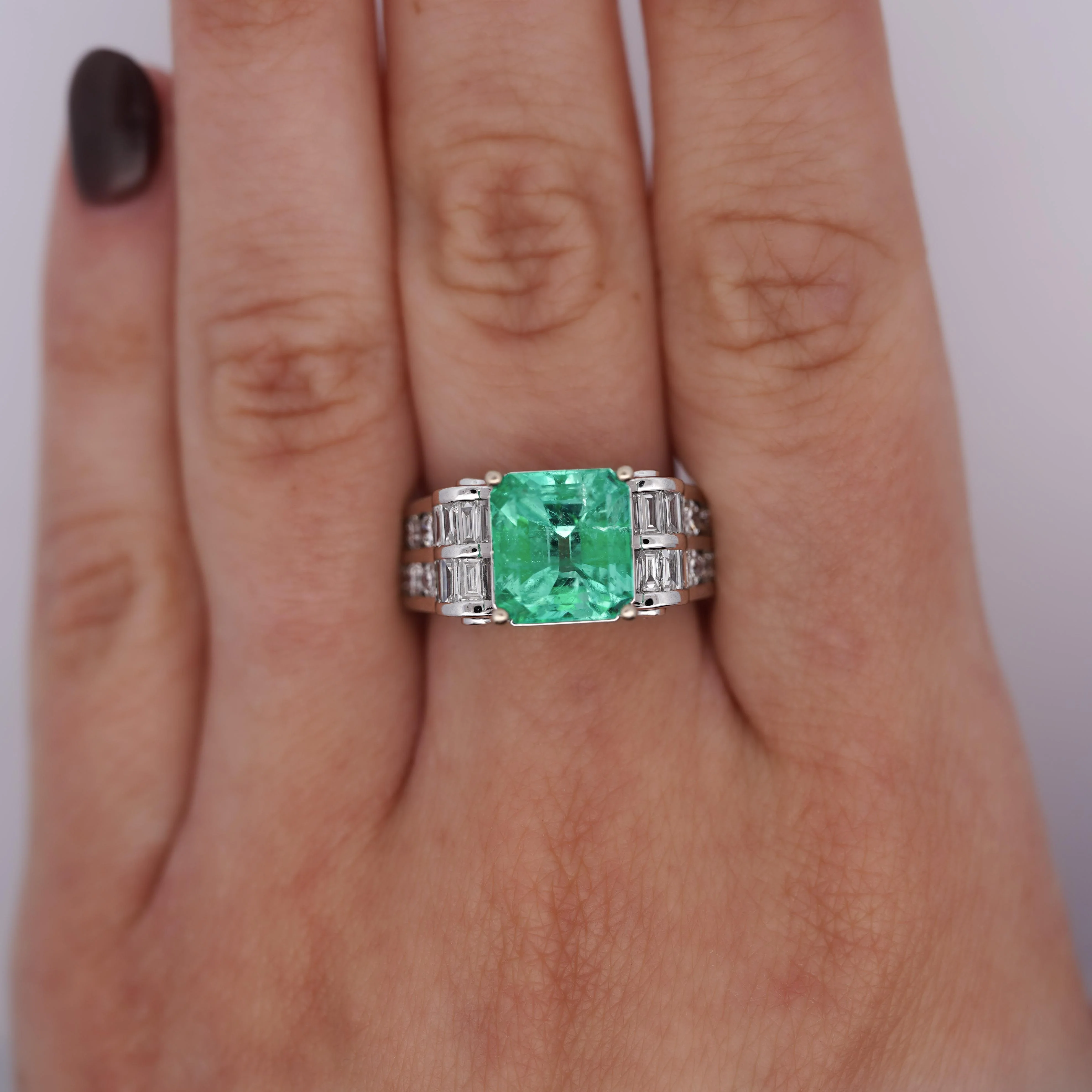 4.17 Carat Colombian Emerald & Diamond Unisex 14K White Gold Ring - Image 8