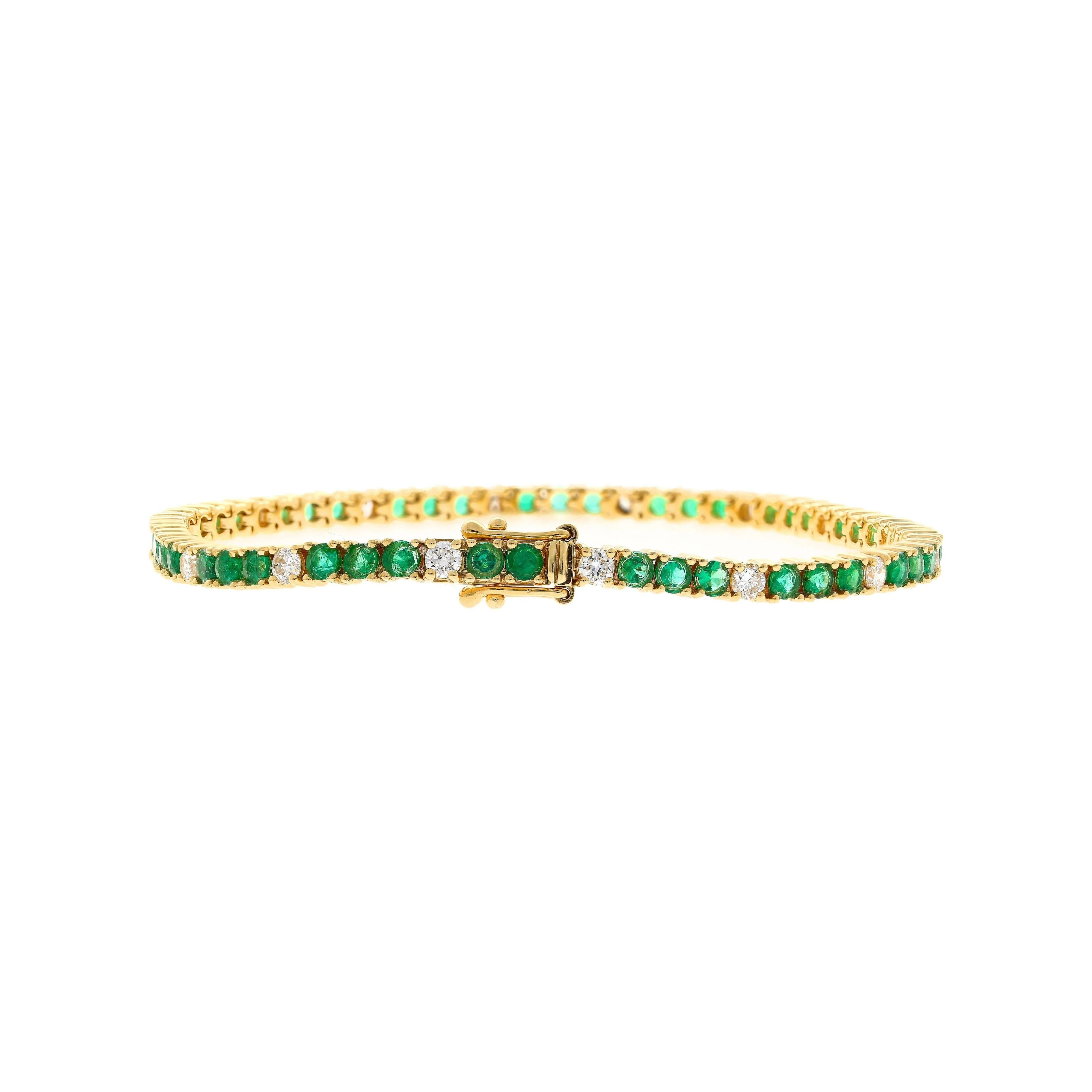 4.26 Carat Emerald and Diamond Tennis 4 Prong Bracelet In 14K Gold - Image 3