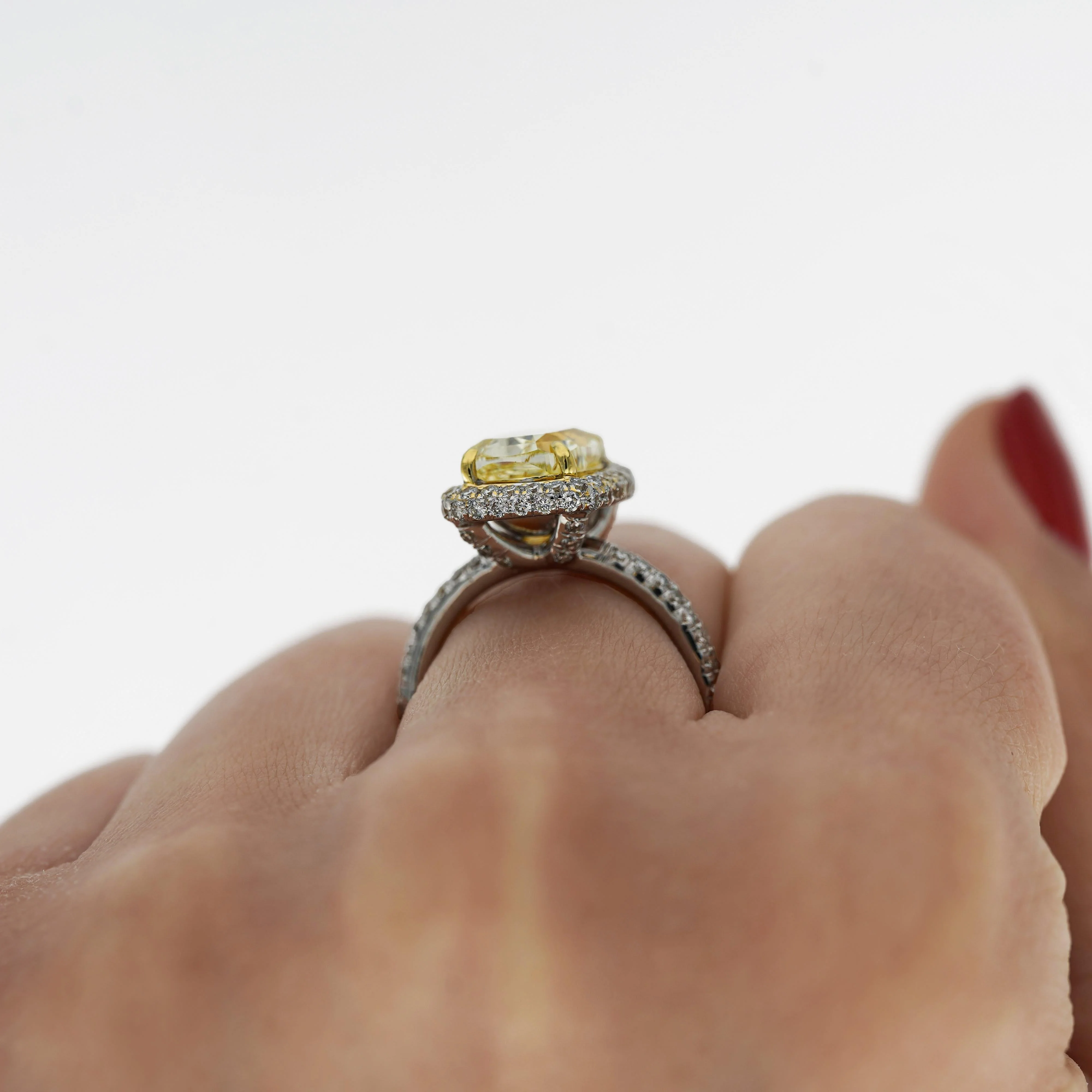 4.36 Carat Elongated Cushion Fancy Yellow Diamond Halo 18K Engagement Ring - Image 11