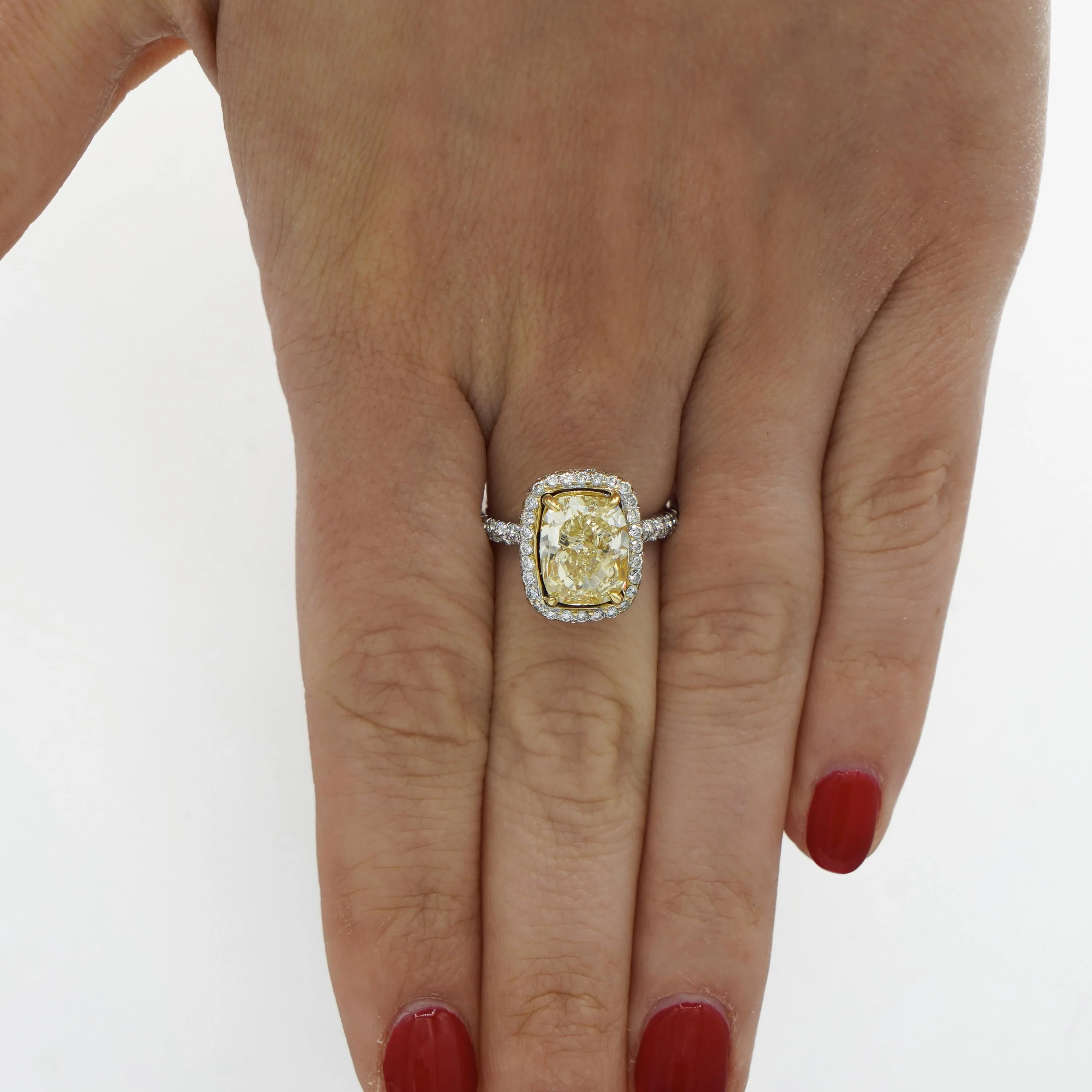 4.36 Carat Elongated Cushion Fancy Yellow Diamond Halo 18K Engagement Ring - Image 2