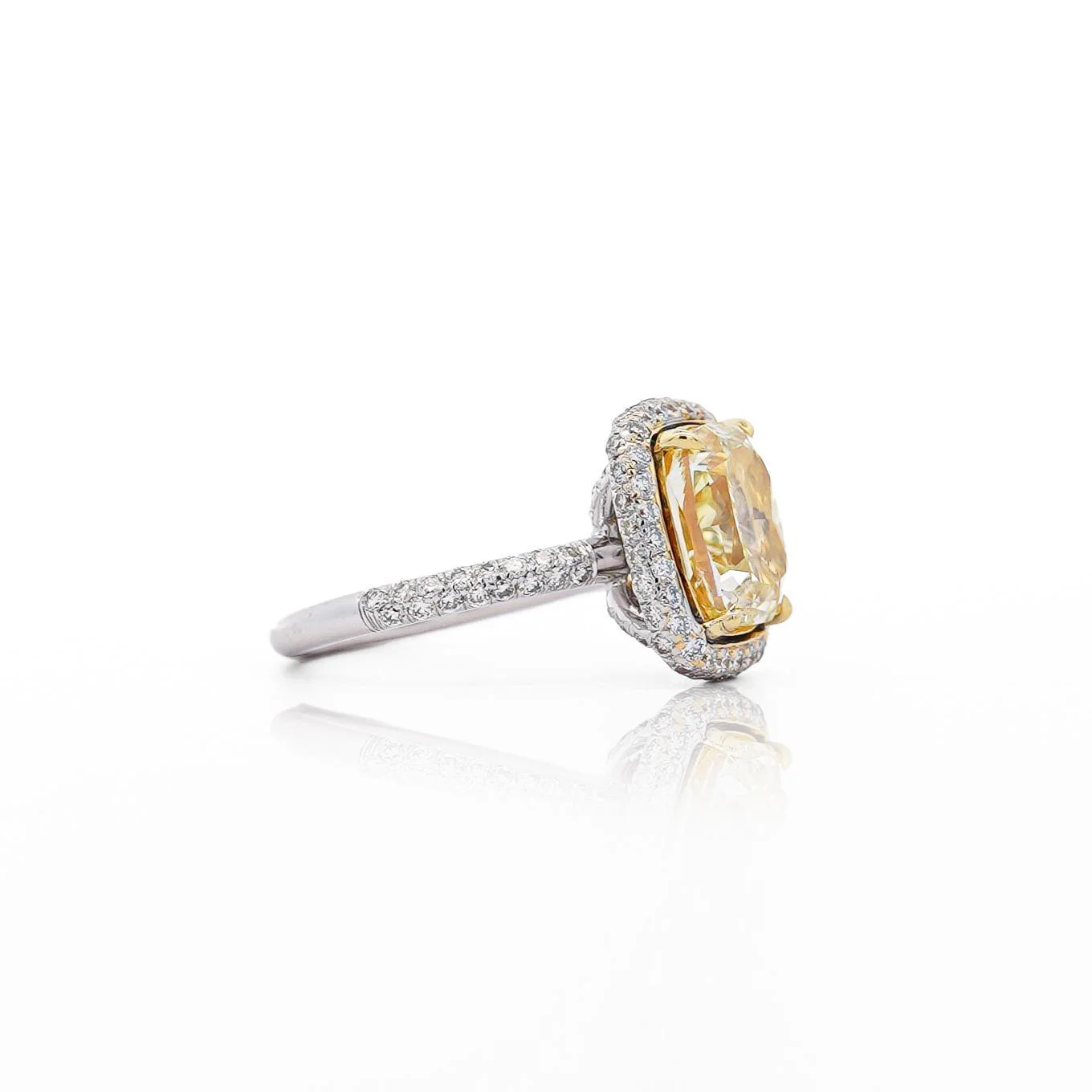 4.36 Carat Elongated Cushion Fancy Yellow Diamond Halo 18K Engagement Ring - Image 4