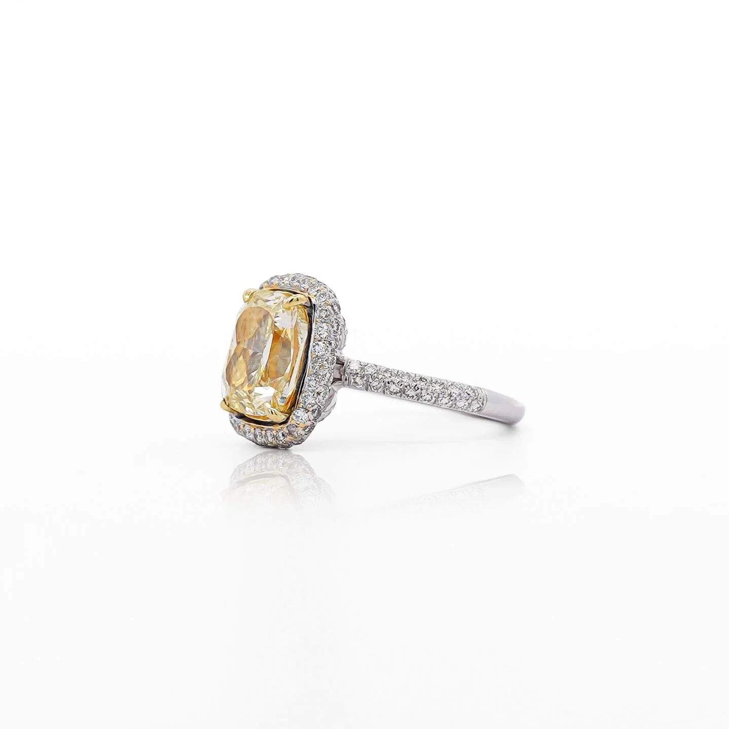 4.36 Carat Elongated Cushion Fancy Yellow Diamond Halo 18K Engagement Ring - Image 6