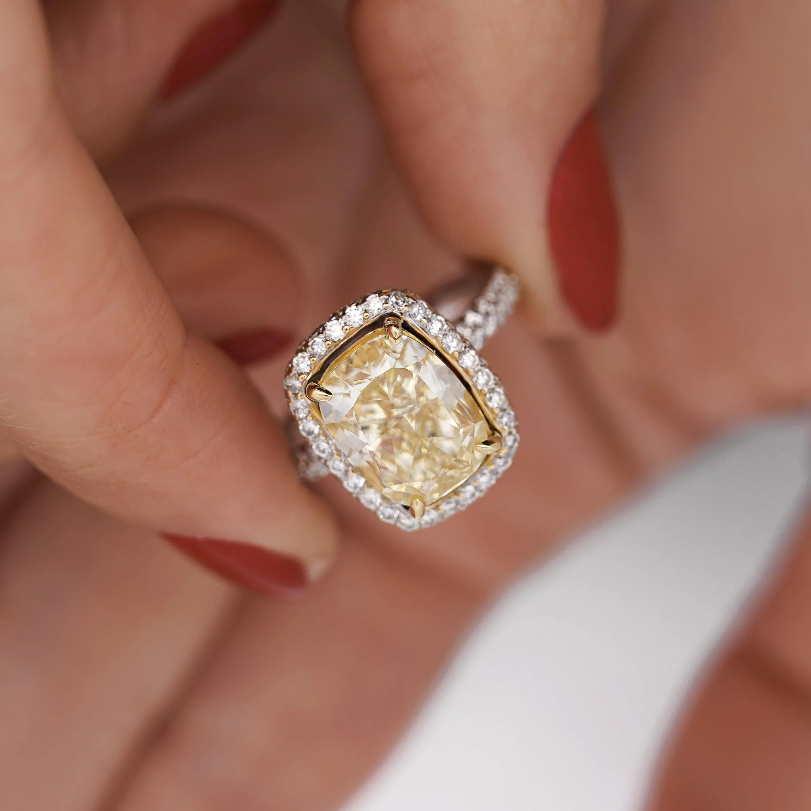4.36 Carat Elongated Cushion Fancy Yellow Diamond Halo 18K Engagement Ring - Image 9