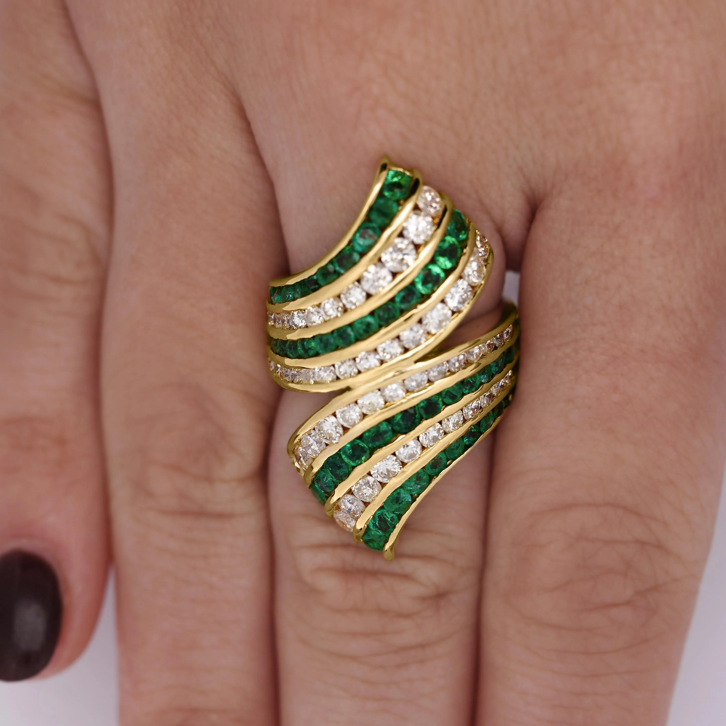 4.42 Carat Emerald & Diamond Pave 18K Gold Bypass Cluster Ring - Image 2