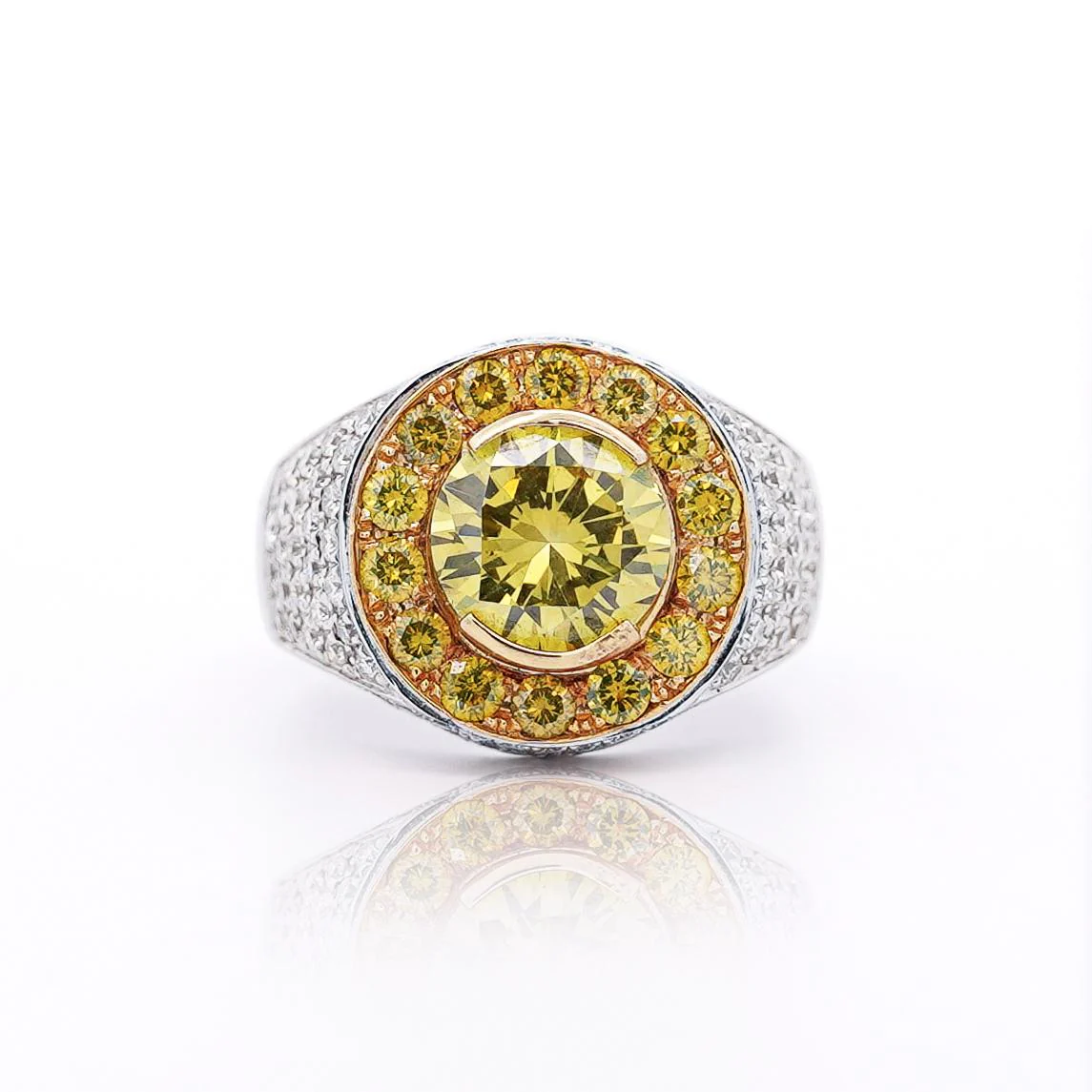 4.44 Carat Round Cut Yellow Diamond 18K Gold Halo Mens Ring