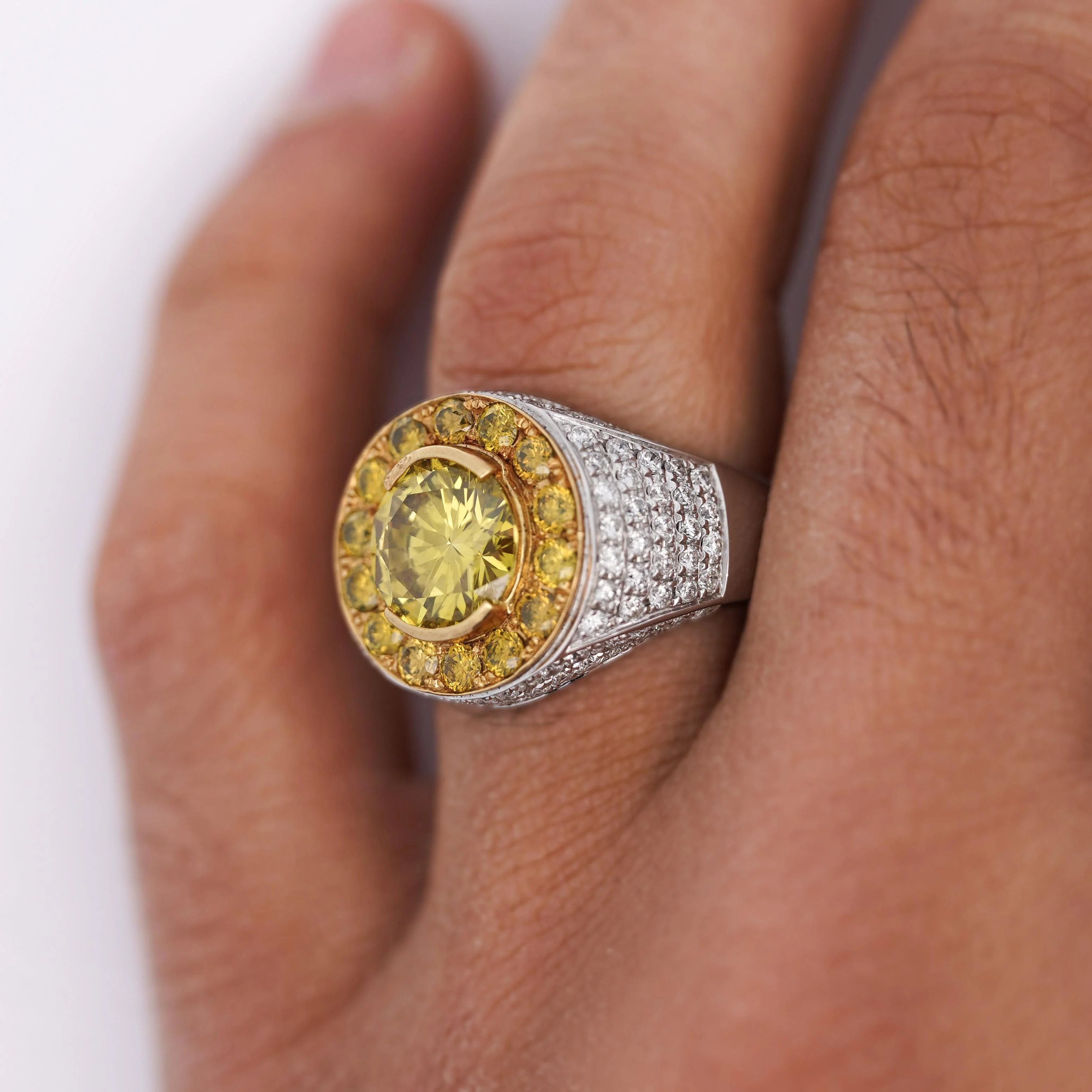4.44 Carat Round Cut Yellow Diamond 18K Gold Halo Mens Ring - Image 11