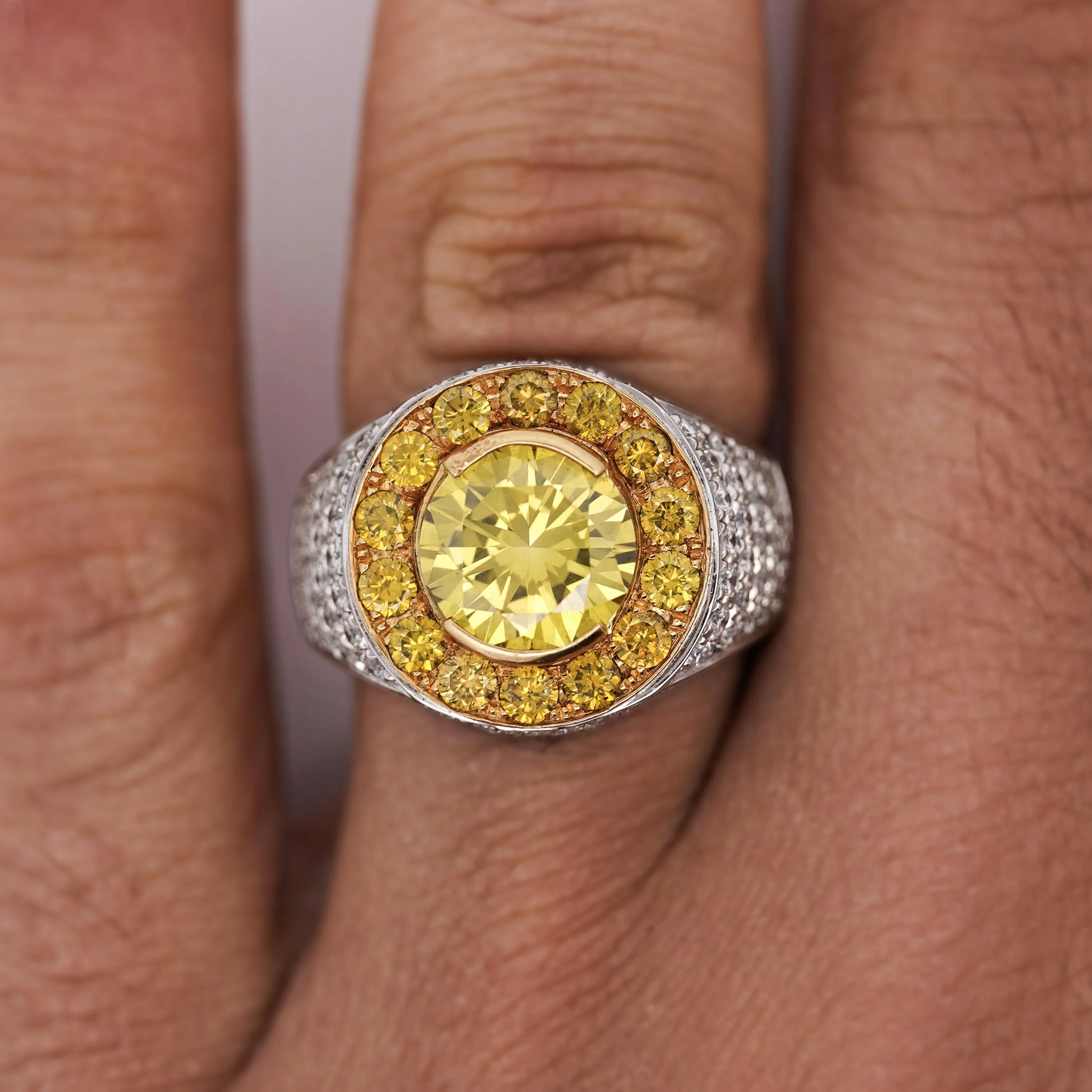 4.44 Carat Round Cut Yellow Diamond 18K Gold Halo Mens Ring - Image 2