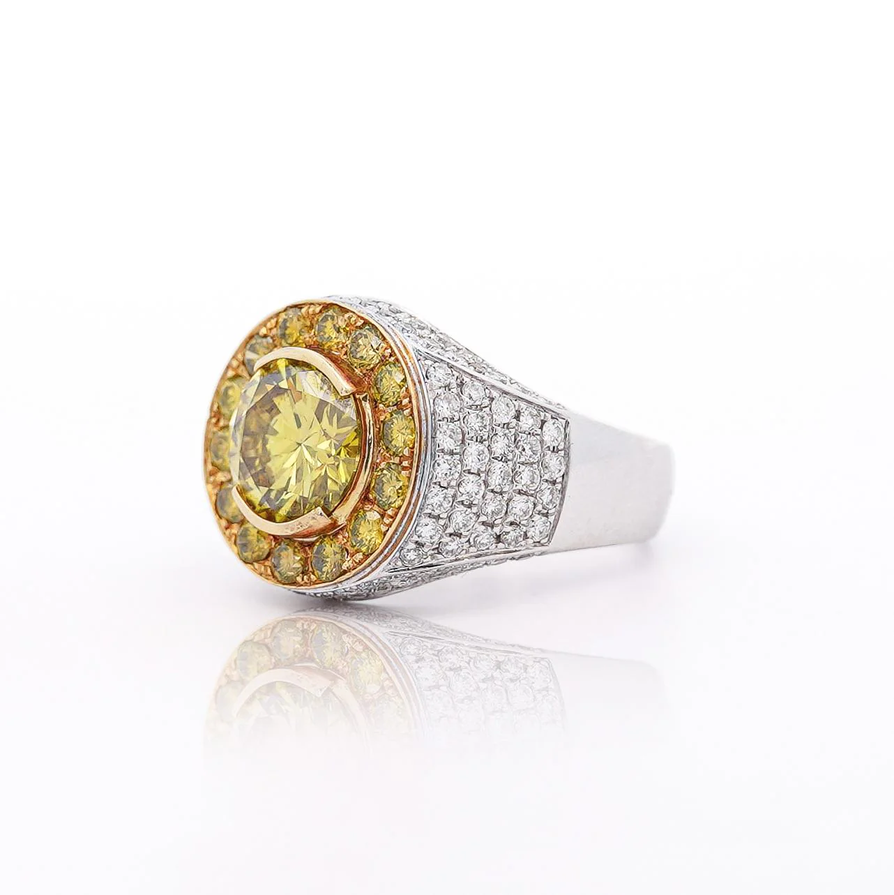 4.44 Carat Round Cut Yellow Diamond 18K Gold Halo Mens Ring - Image 3