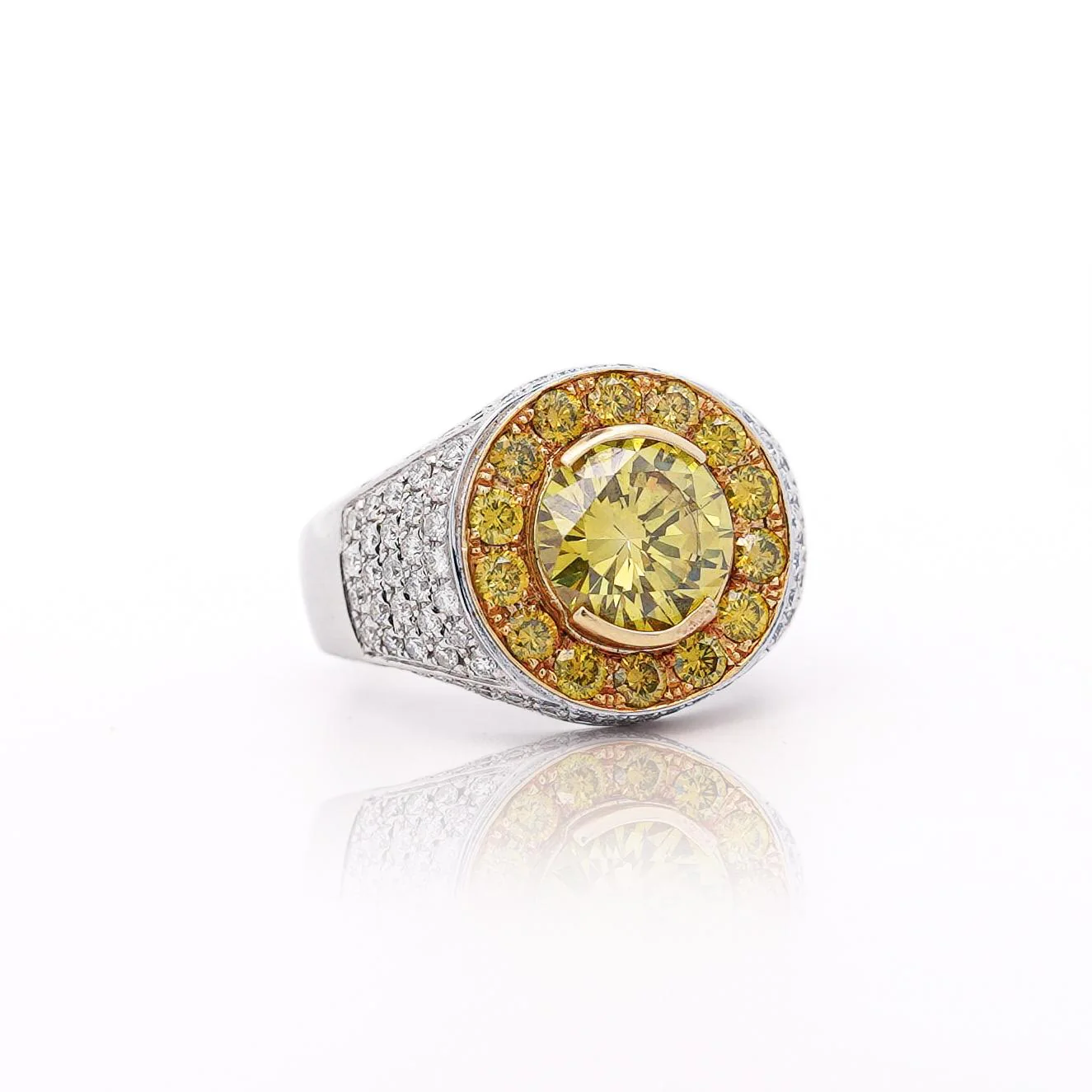 4.44 Carat Round Cut Yellow Diamond 18K Gold Halo Mens Ring - Image 4