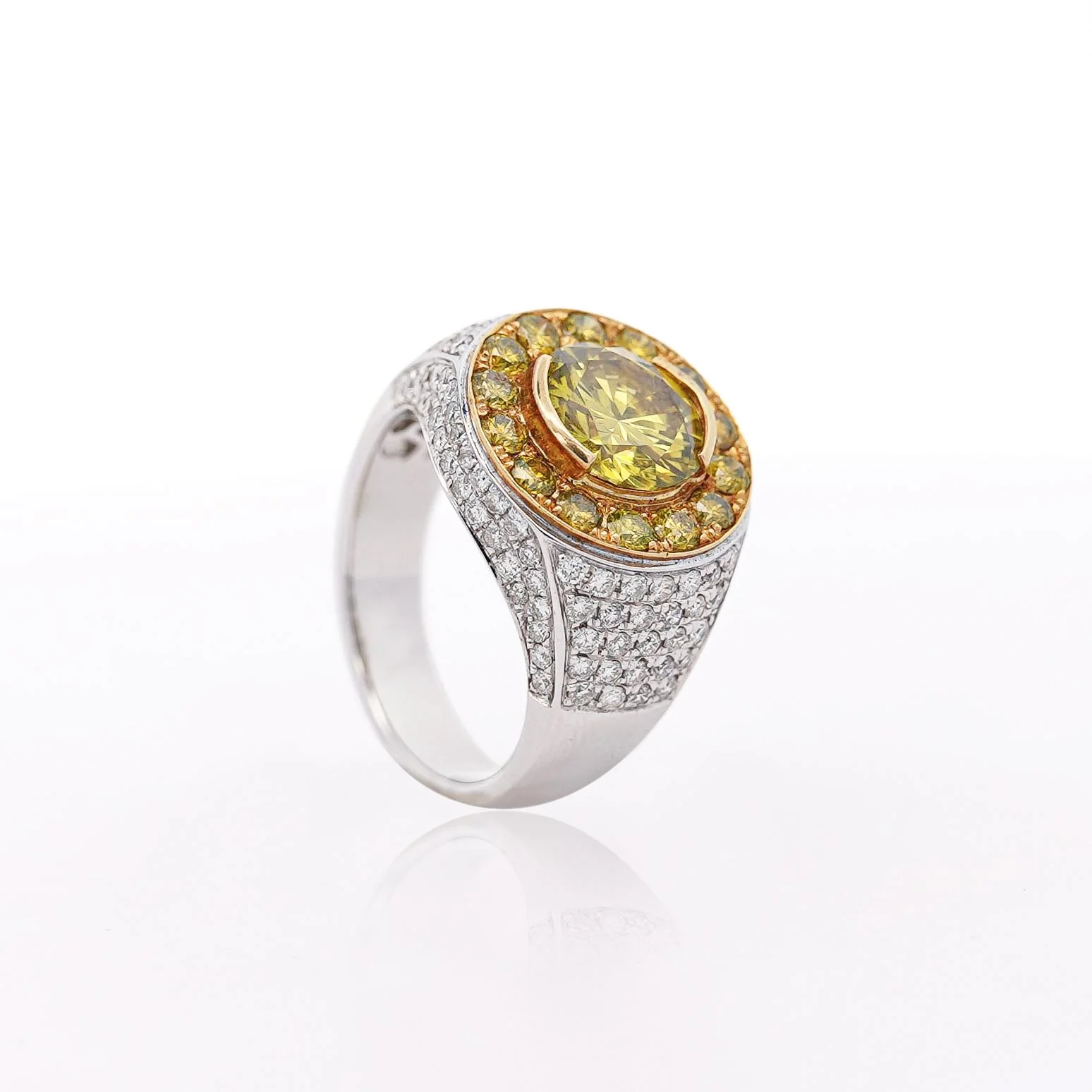 4.44 Carat Round Cut Yellow Diamond 18K Gold Halo Mens Ring - Image 5