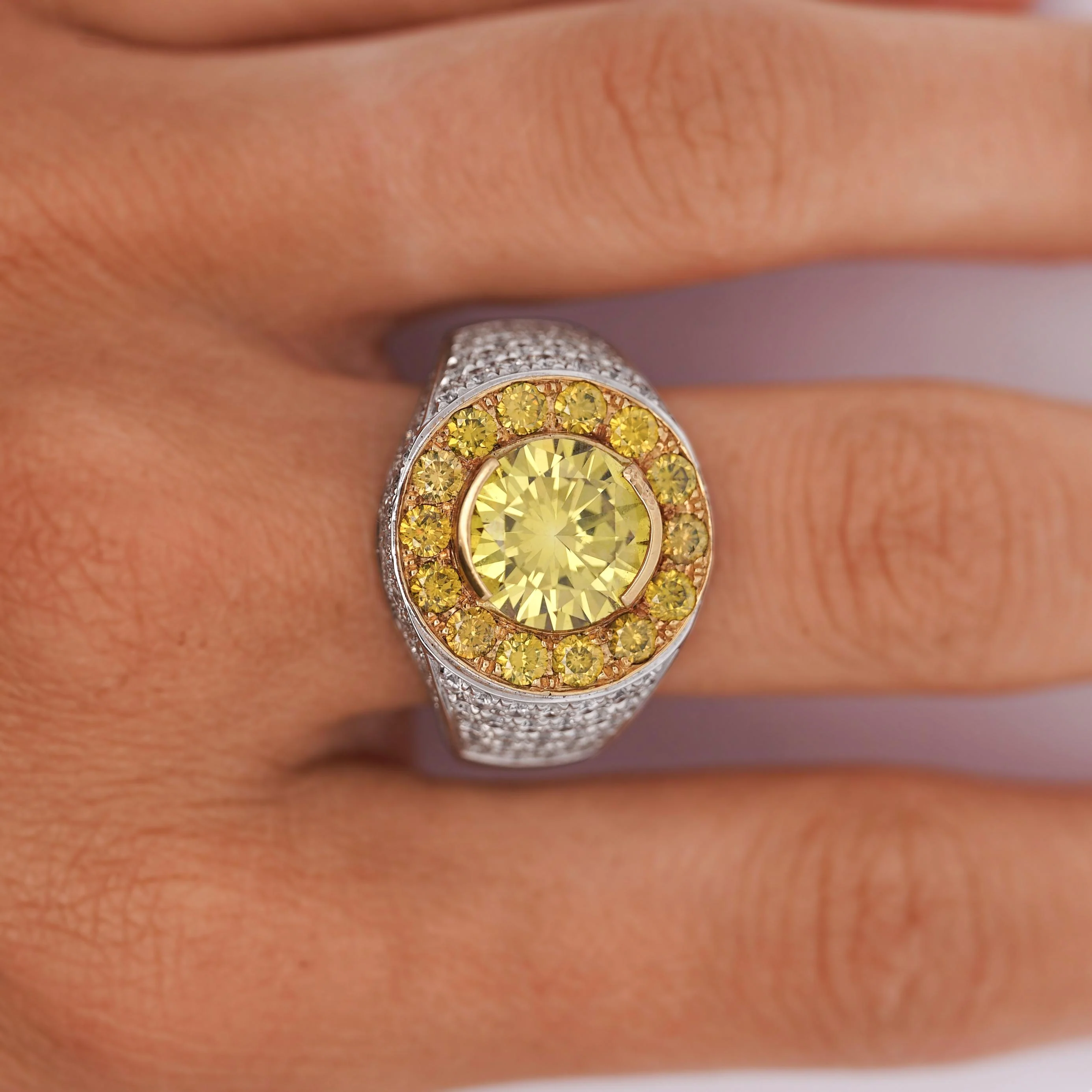 4.44 Carat Round Cut Yellow Diamond 18K Gold Halo Mens Ring - Image 7