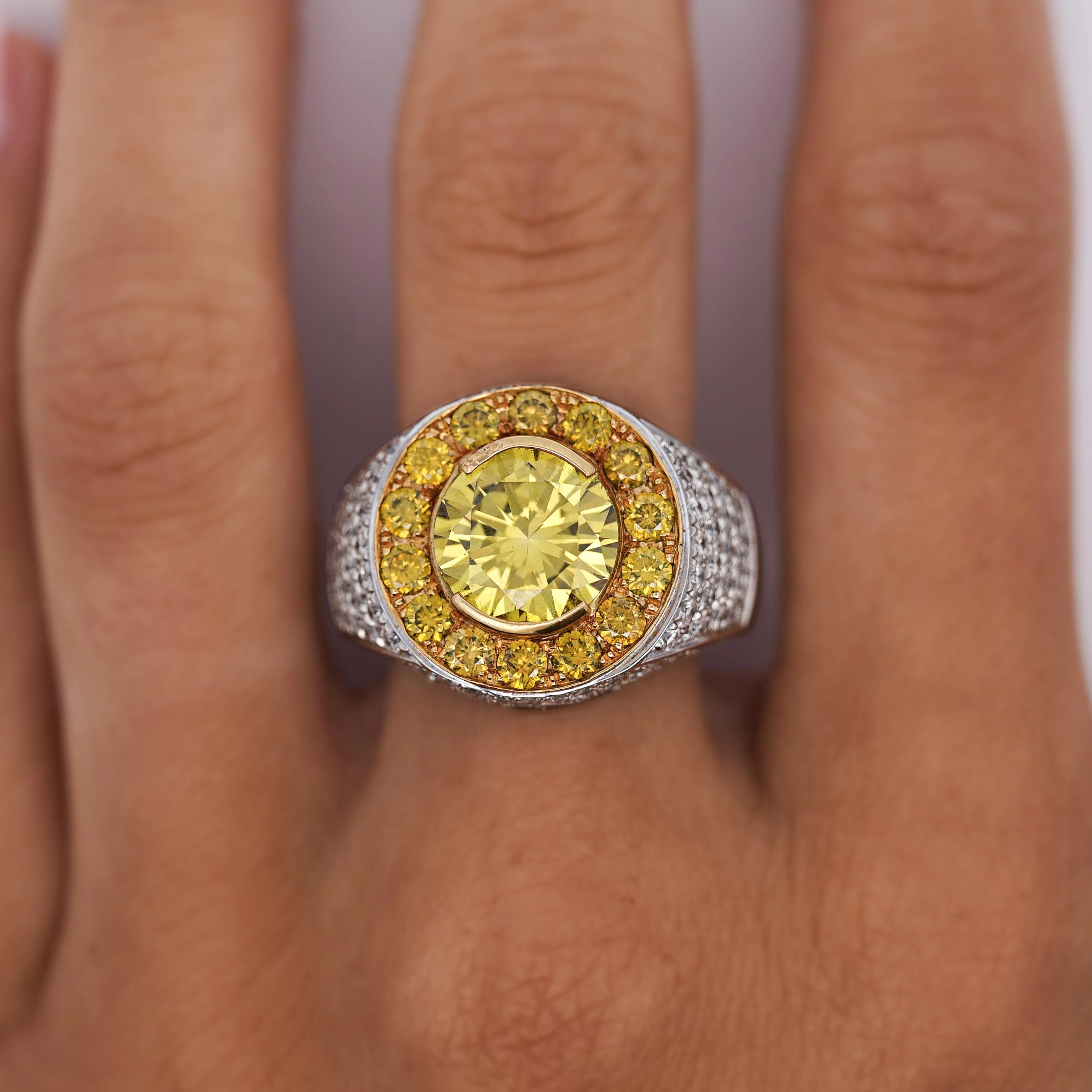 4.44 Carat Round Cut Yellow Diamond 18K Gold Halo Mens Ring - Image 8
