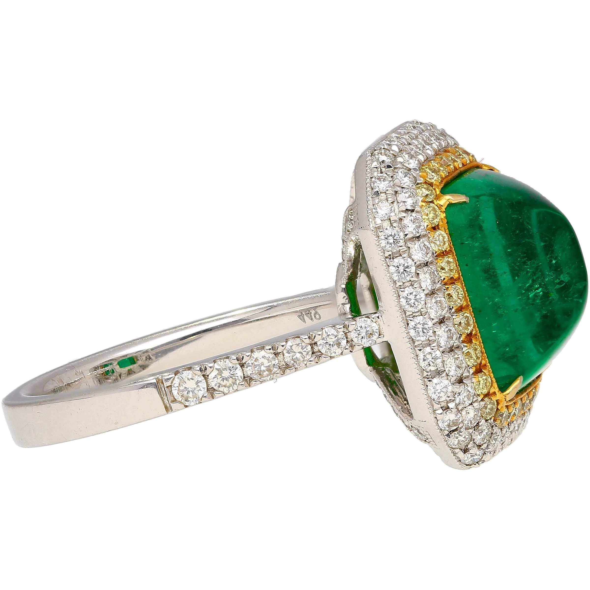 4.49 Carat Sugarloaf Cabochon Cut Colombian Emerald and Diamond Halo Ring in 18k White Gold - Image 4