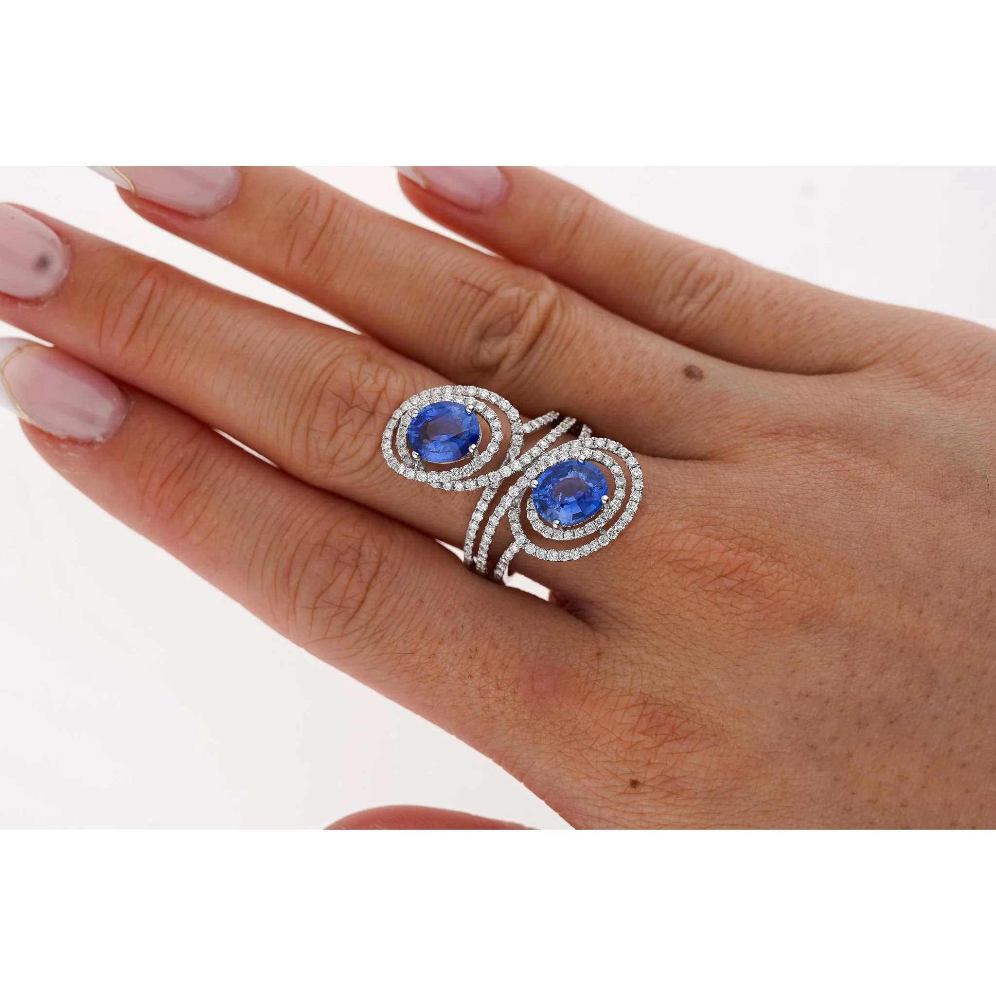 4.51 Carat Oval Blue Sapphire & Diamond Two Stone Vertical Pave Swirl Ring - Image 2