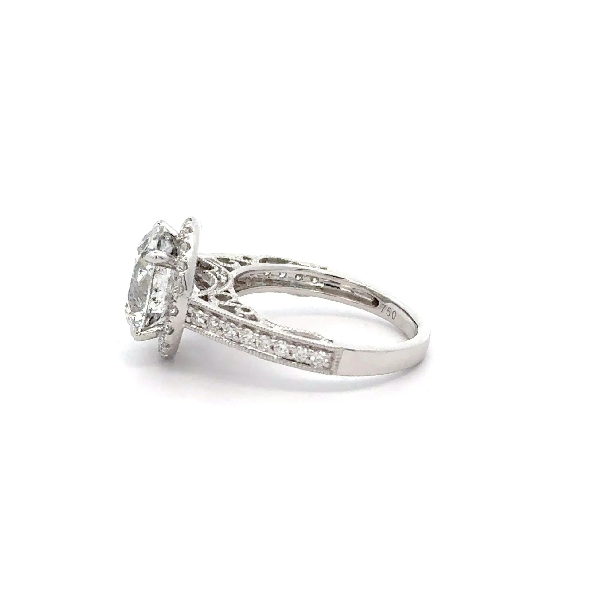 4.53 Carat Round Cut Diamond 18K White Floral Halo Engagement Ring - Image 2