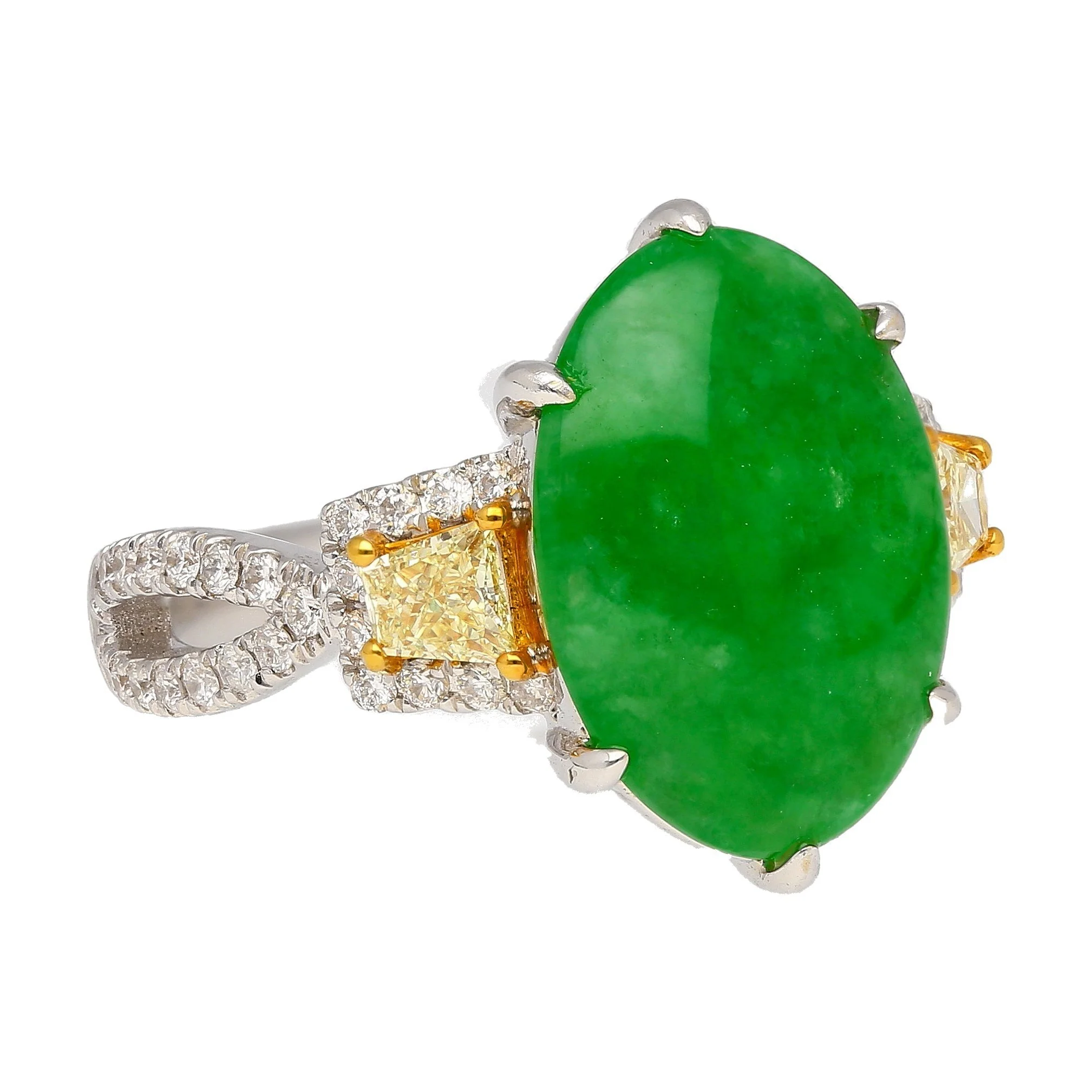 4.76 Carat Jadeite Jade with Trapezoid Cut Yellow Diamond Side Stone Ring in 18k White Gold - Image 2