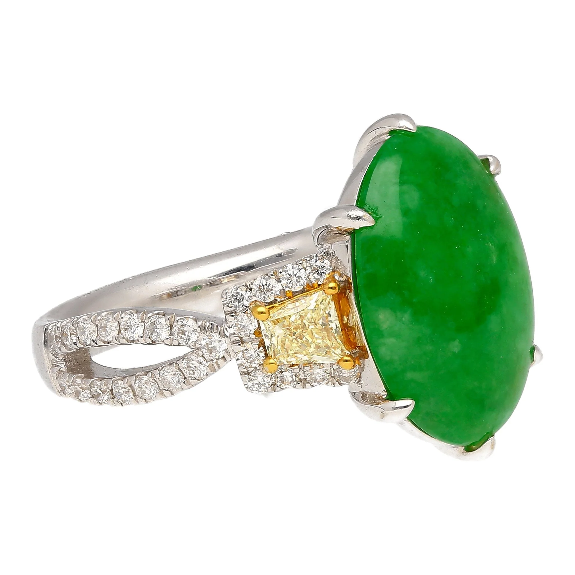 4.76 Carat Jadeite Jade with Trapezoid Cut Yellow Diamond Side Stone Ring in 18k White Gold - Image 3