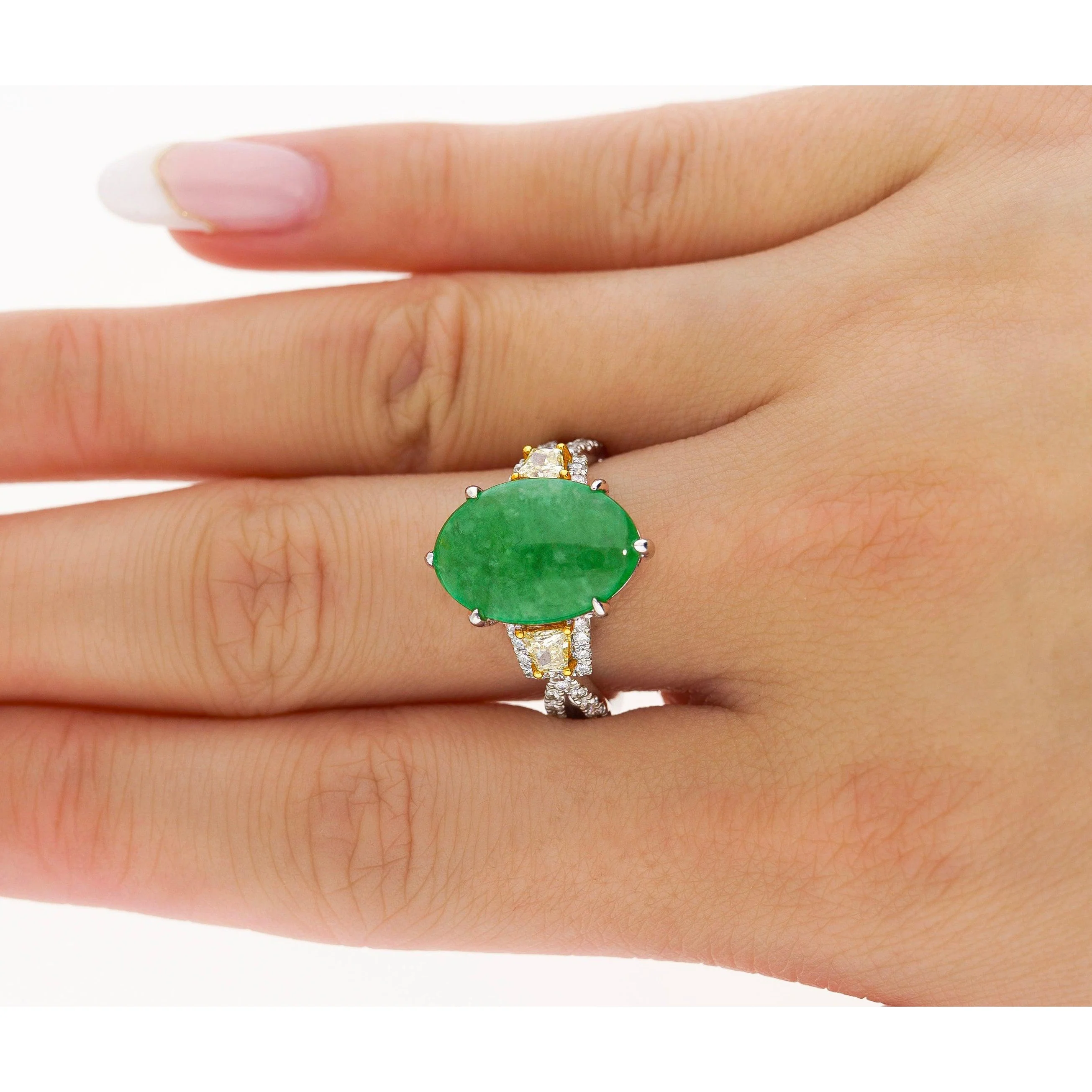 4.76 Carat Jadeite Jade with Trapezoid Cut Yellow Diamond Side Stone Ring in 18k White Gold - Image 4