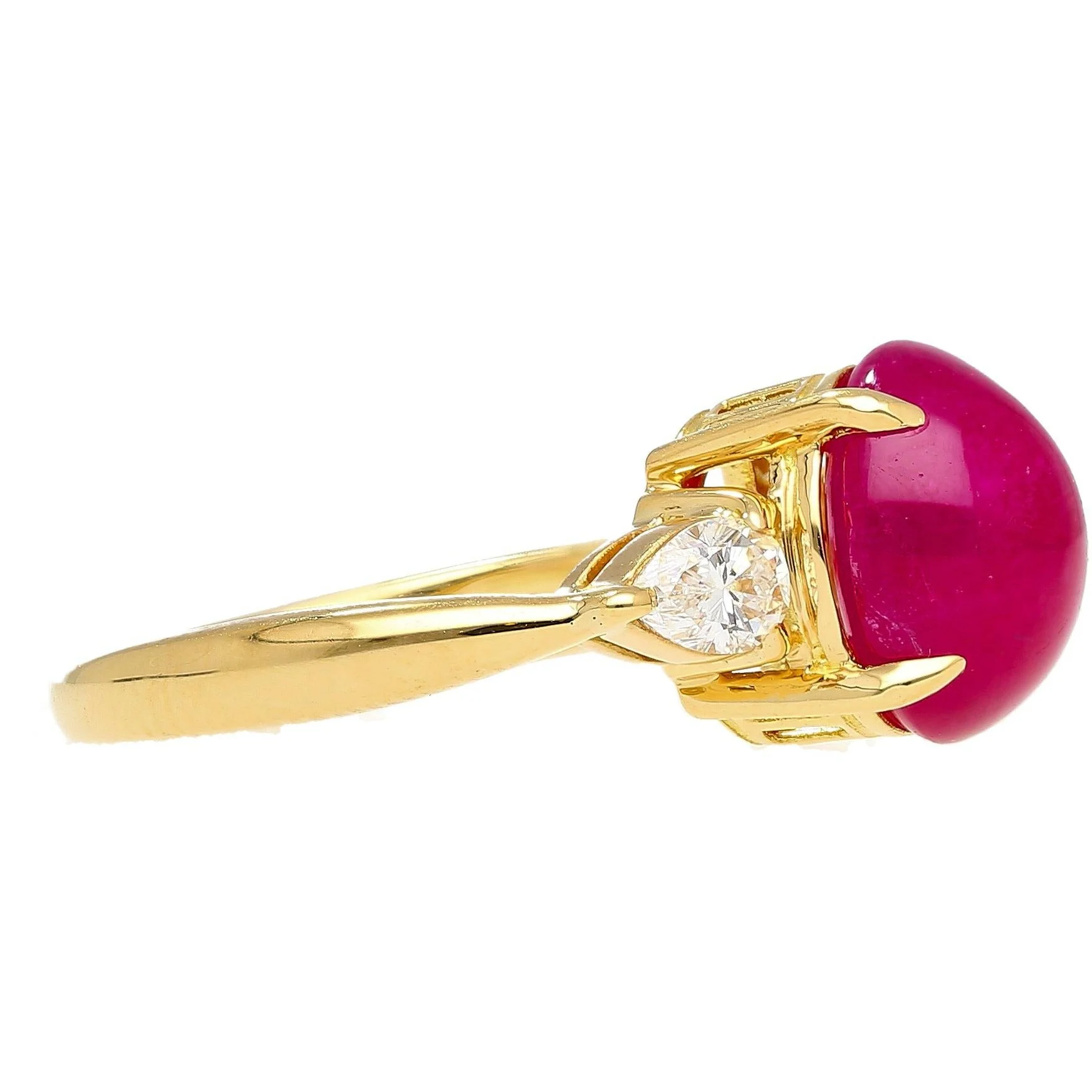 4.93 Carat Cabochon Cut Ruby & Oval Cut Diamond Three Stone 18K Ring - Image 3