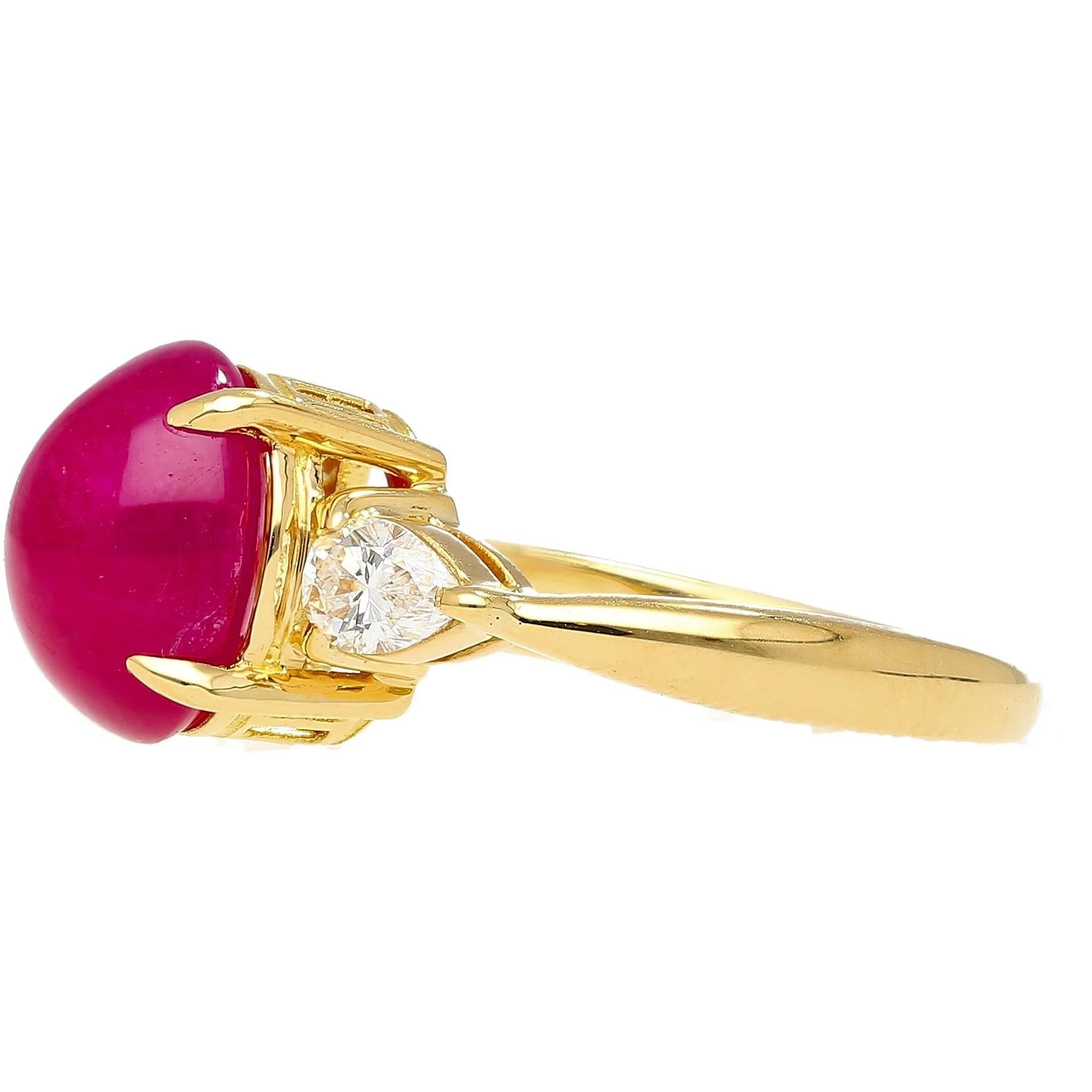 4.93 Carat Cabochon Cut Ruby & Oval Cut Diamond Three Stone 18K Ring - Image 5