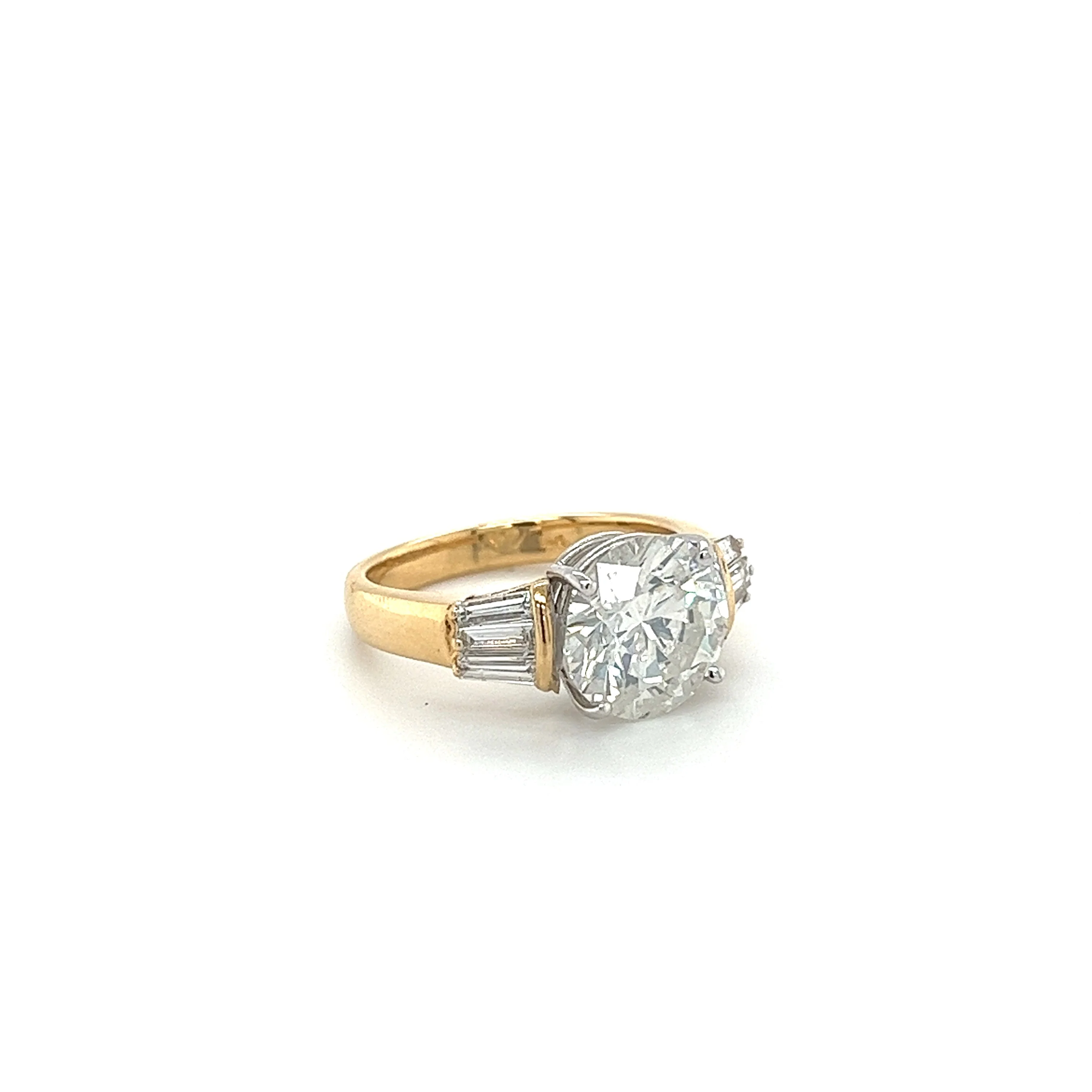Natural 4.21 Carat Round Diamond Engagement Ring With Baguette Diamonds in Two Tone 18k Gold - Image 5